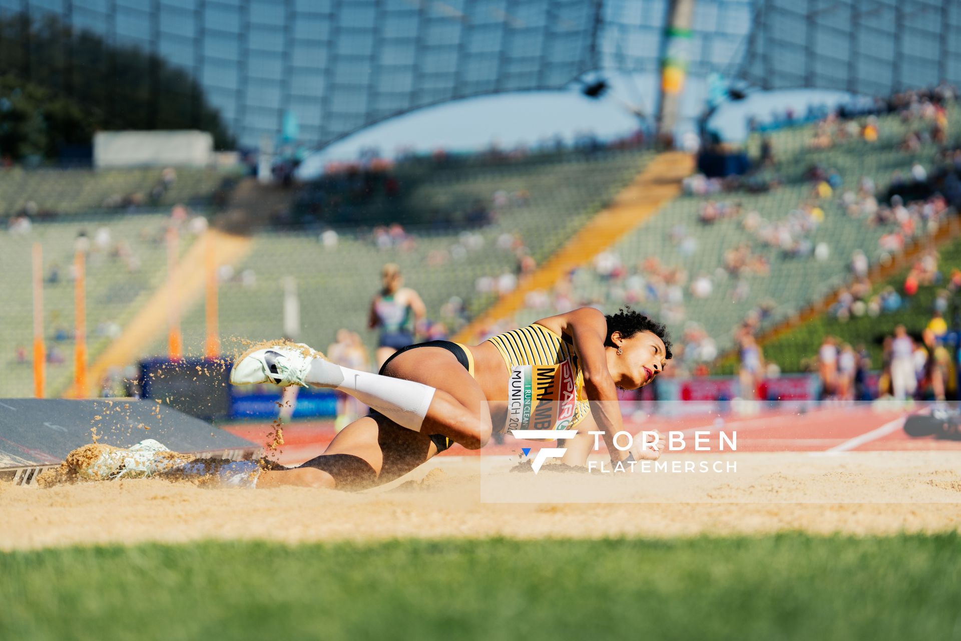 Malaika Mihambo (GER) im Weitsprung am 16.08.2022 bei den Leichtathletik-Europameisterschaften in Muenchen