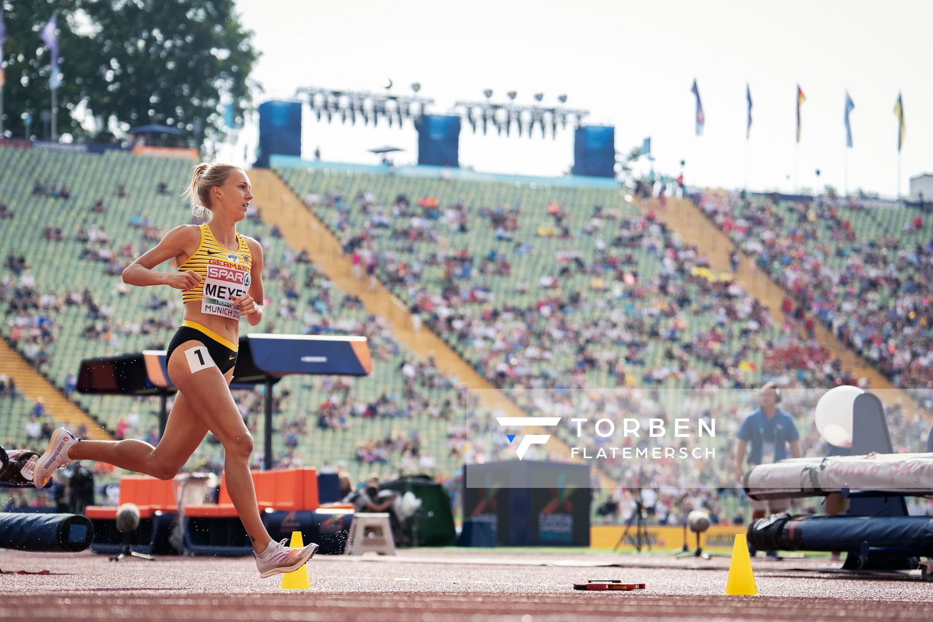 Lea Meyer (GER) im 3000m Hindernis Vorlauf am 18.08.2022 bei den Leichtathletik-Europameisterschaften in Muenchen