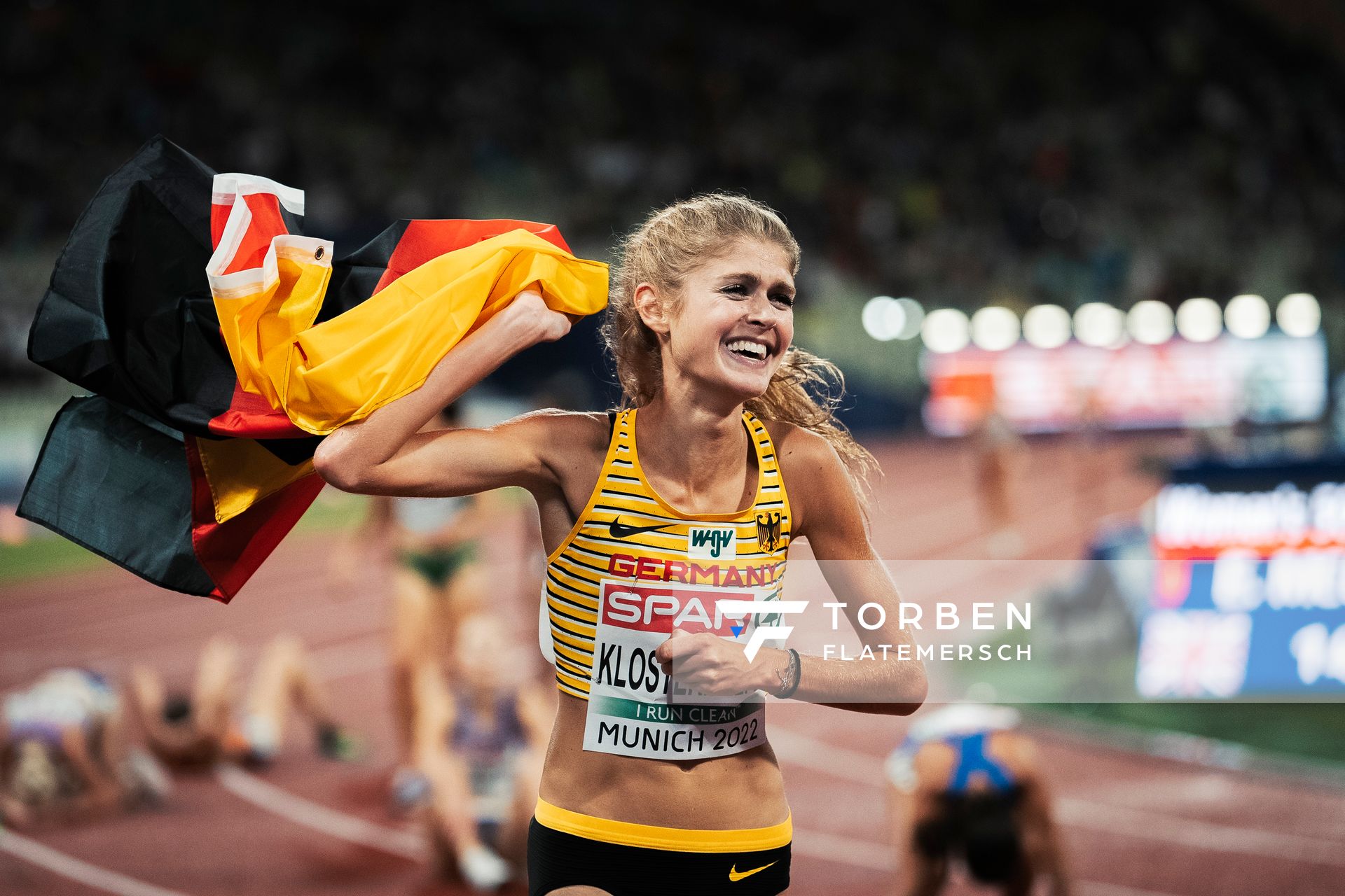 Konstanze Klosterhalfen (GER) gewinnt Gold ueber 5000m am 18.08.2022 bei den Leichtathletik-Europameisterschaften in Muenchen