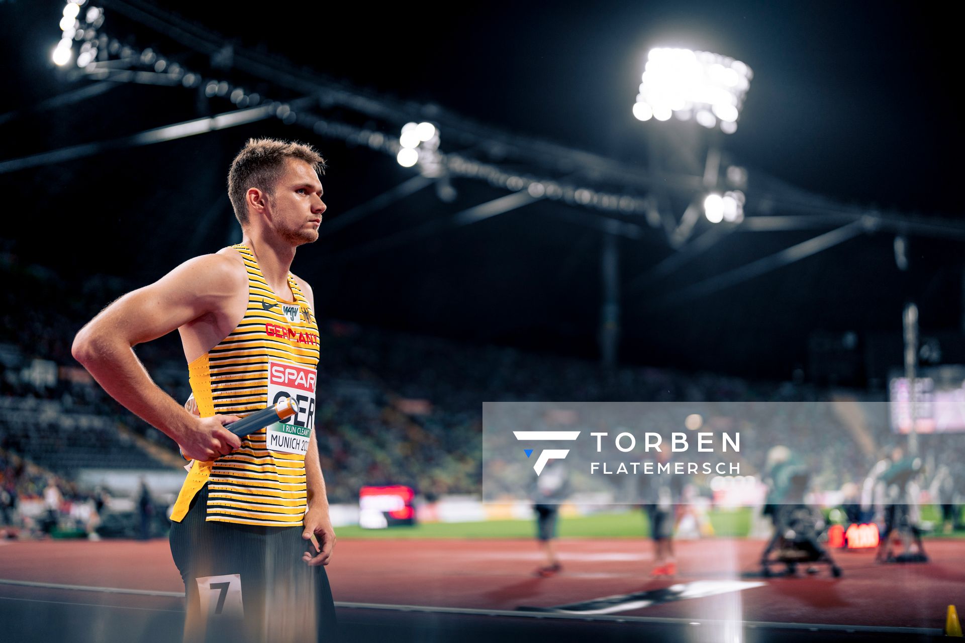 Marvin Schlegel (GER) als Startlaeufer der 4x400m Staffel am 20.08.2022 bei den Leichtathletik-Europameisterschaften in Muenchen