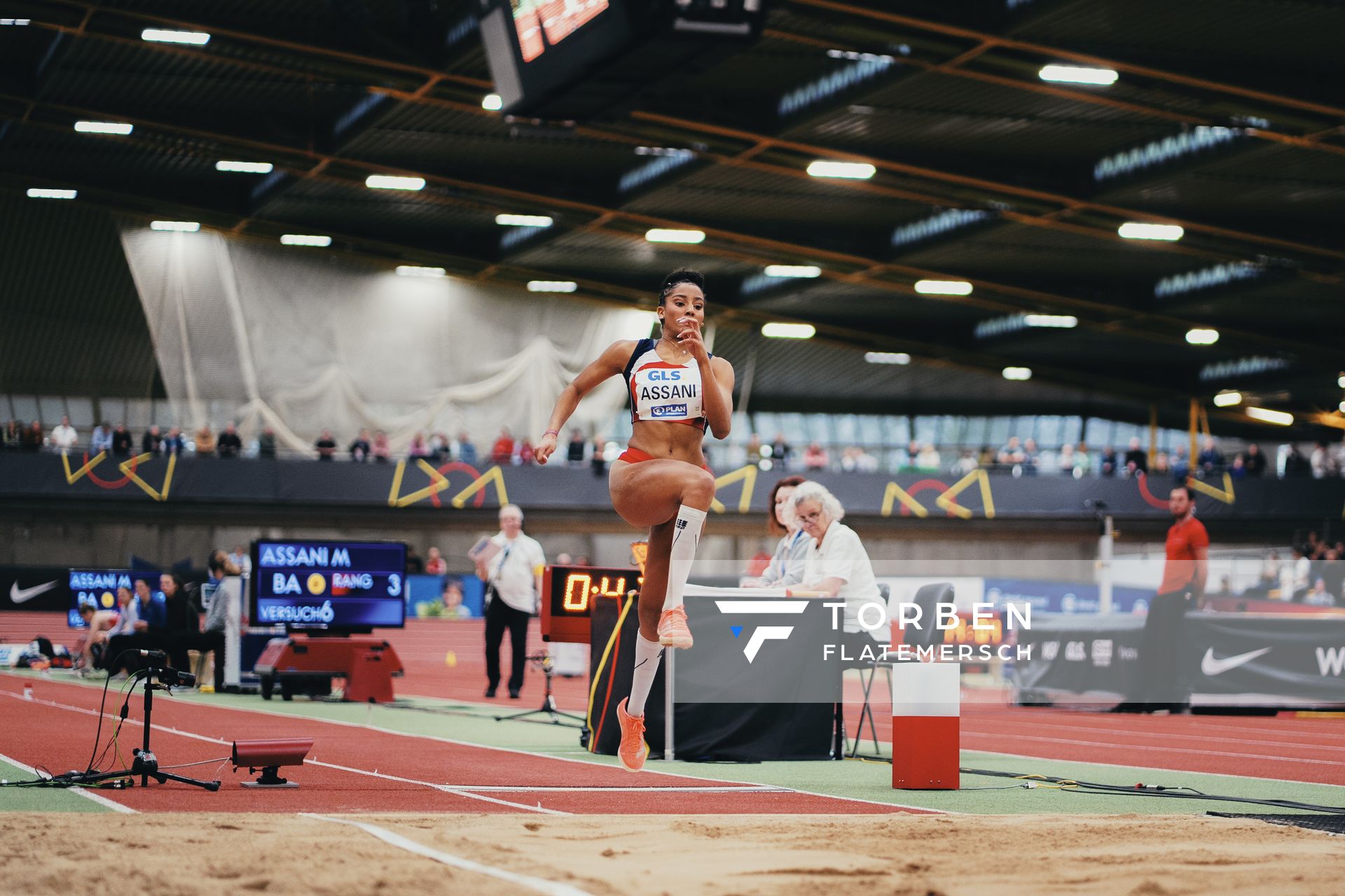 Mikaelle Assani (LG Region Karlsruhe) bei den Deutschen Leichtathletik-Hallenmeisterschaften am 19.02.2023 in der Helmut-Koernig-Halle in Dortmund