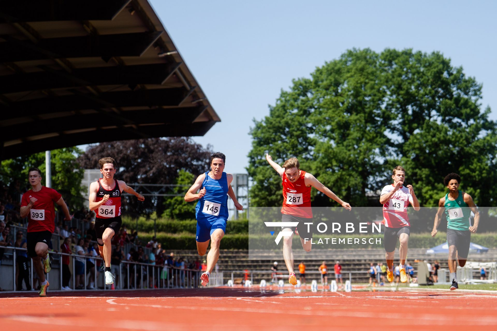 Finn Duda (LG Osterode), Elias Crystalla (LG Osnabrueck), Paul Biebl (Garbsener SC), Torben Lillie (VfL Lingen), Coord Goeken (MTV Aurich), Pharell Okoduwa (SV Werder Bremen) am 10.06.2023 waehrend den NLV + BLV U20/U16 Landesmeisterschaften im Stadion Berliner Ring in Verden