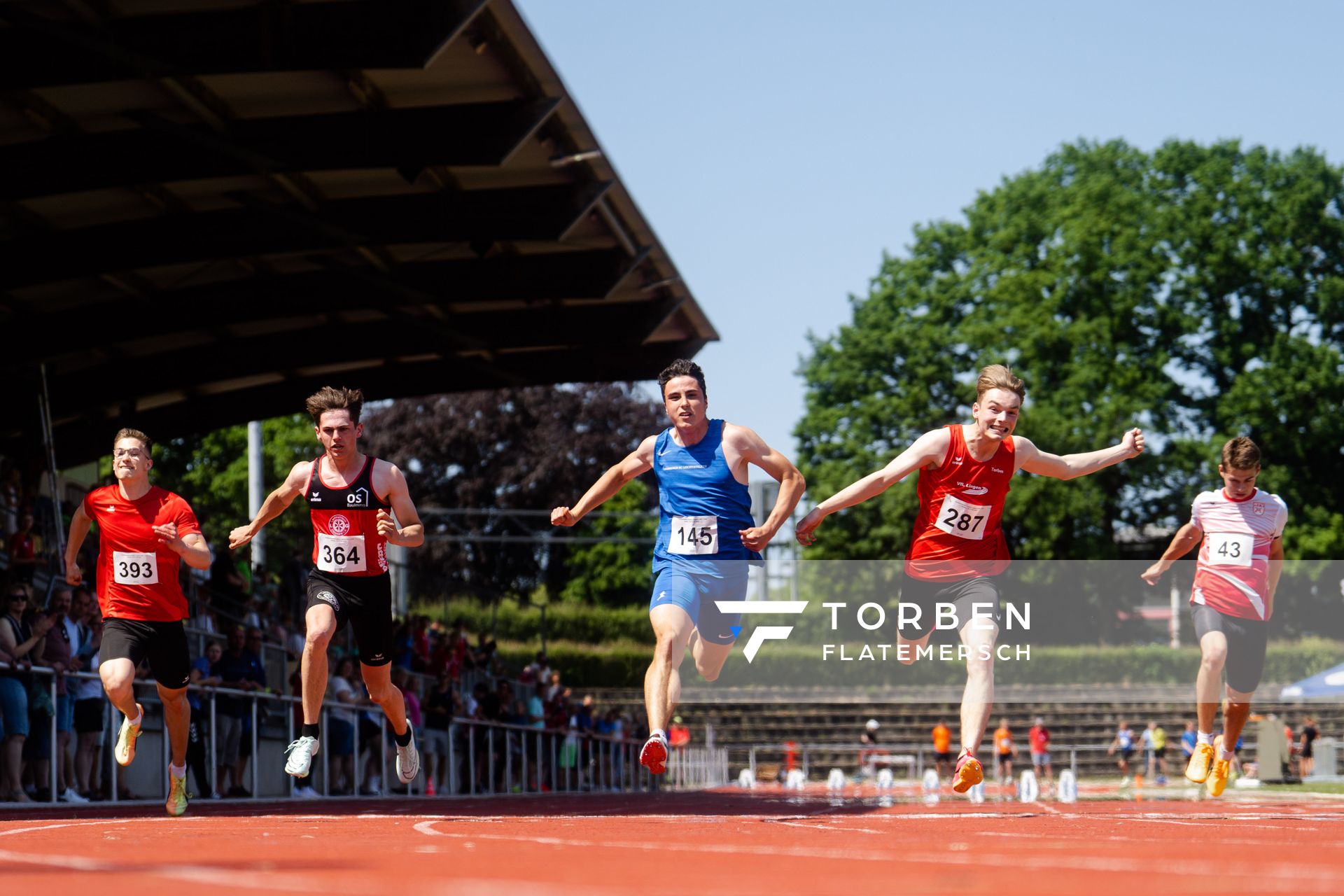 Finn Duda (LG Osterode), Elias Crystalla (LG Osnabrueck), Paul Biebl (Garbsener SC), Torben Lillie (VfL Lingen), Coord Goeken (MTV Aurich), Pharell Okoduwa (SV Werder Bremen) am 10.06.2023 waehrend den NLV + BLV U20/U16 Landesmeisterschaften im Stadion Berliner Ring in Verden