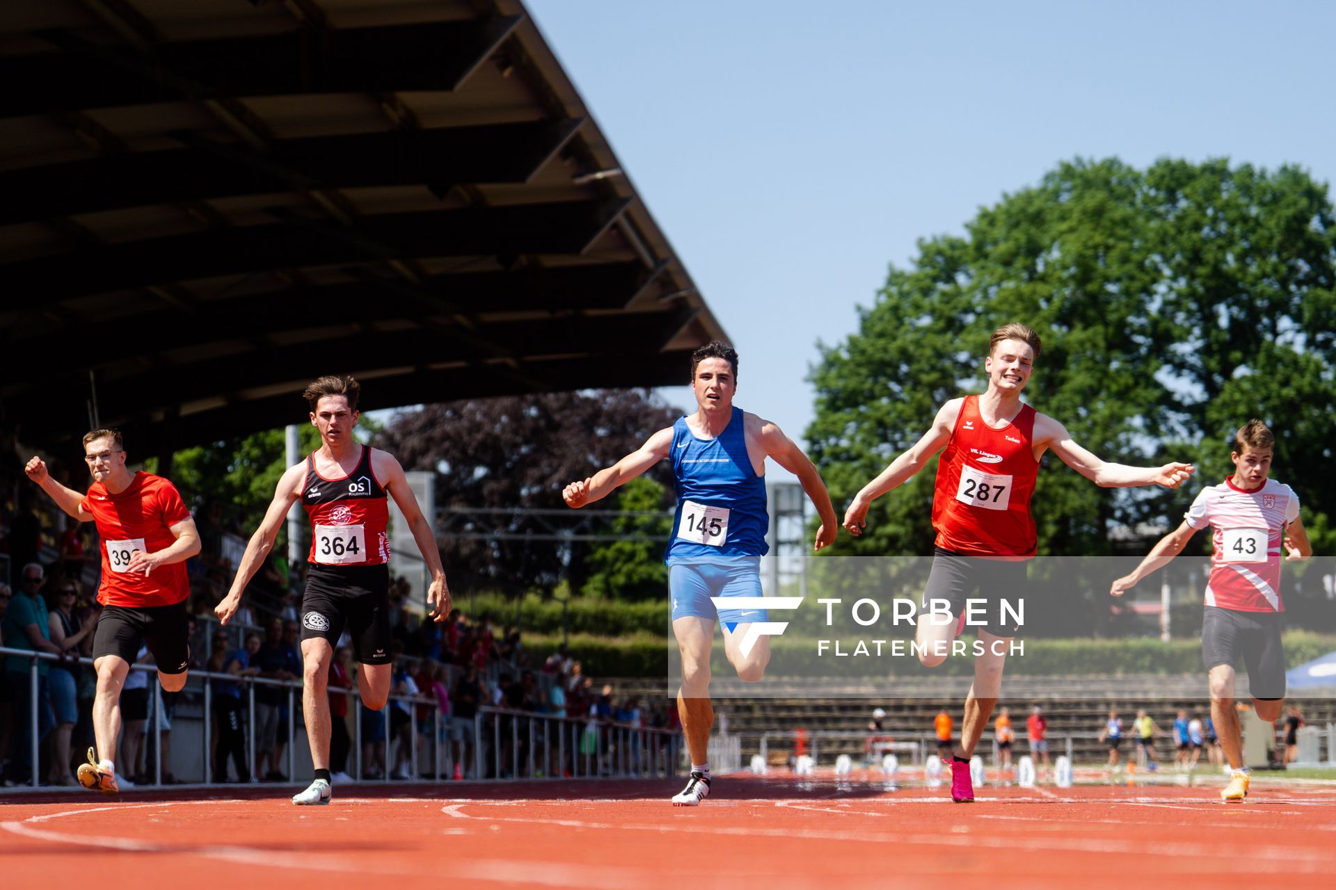 Finn Duda (LG Osterode), Elias Crystalla (LG Osnabrueck), Paul Biebl (Garbsener SC), Torben Lillie (VfL Lingen), Coord Goeken (MTV Aurich), Pharell Okoduwa (SV Werder Bremen) am 10.06.2023 waehrend den NLV + BLV U20/U16 Landesmeisterschaften im Stadion Berliner Ring in Verden