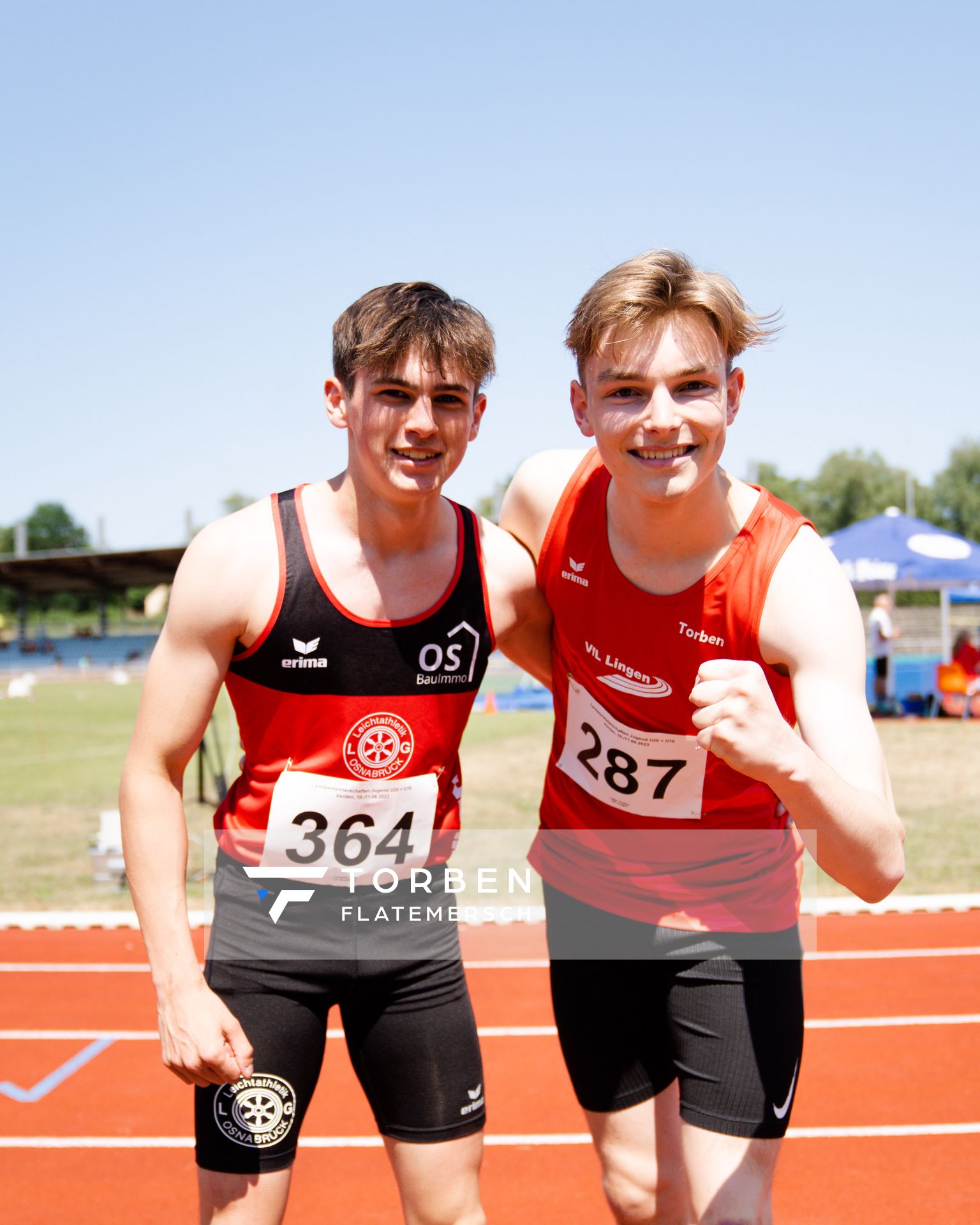 Elias Crystalla (LG Osnabrueck), Torben Lillie (VfL Lingen) am 10.06.2023 waehrend den NLV + BLV U20/U16 Landesmeisterschaften im Stadion Berliner Ring in Verden