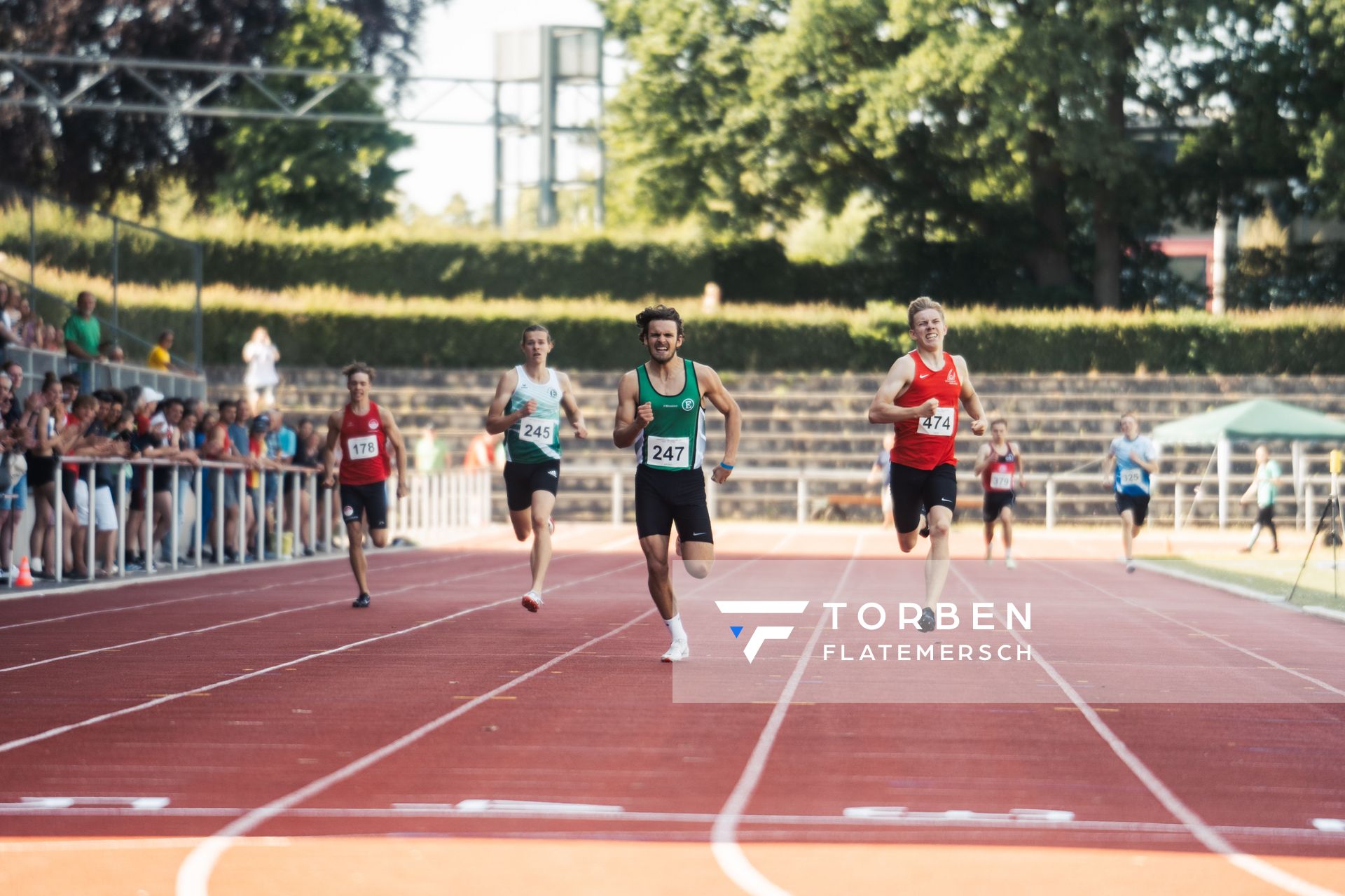 Fabio Borchardt (VfL Eintracht Hannover), Max Husemann (Eintracht Hildesheim), Niclas Jan Kaluza (Eintracht Hildesheim), Thorben Finke (SV Sigiltra Soegel) ueber 400m am 10.06.2023 waehrend den NLV + BLV U20/U16 Landesmeisterschaften im Stadion Berliner Ring in Verden