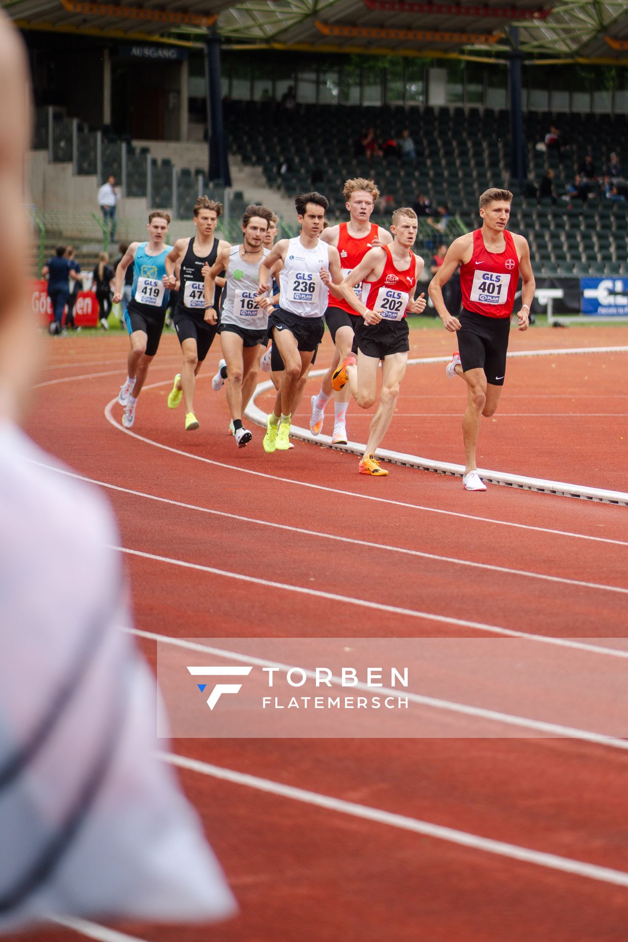 Tom Klose (TSV Bayer 04 Leverkusen), Sven Wagner (Koenigsteiner LV), Jan Eric Buesing (Hamburg Running), Maximilian Berger (TuS Bad Aibling), Rodion Beimler (SC DHfK Leipzig e.V.), Simon Trampusch (TuS Framersheim) am 01.07.2023 waehrend den deutschen U23 Leichtathletik-Meisterschaften im Jahnstadion in Göttingen