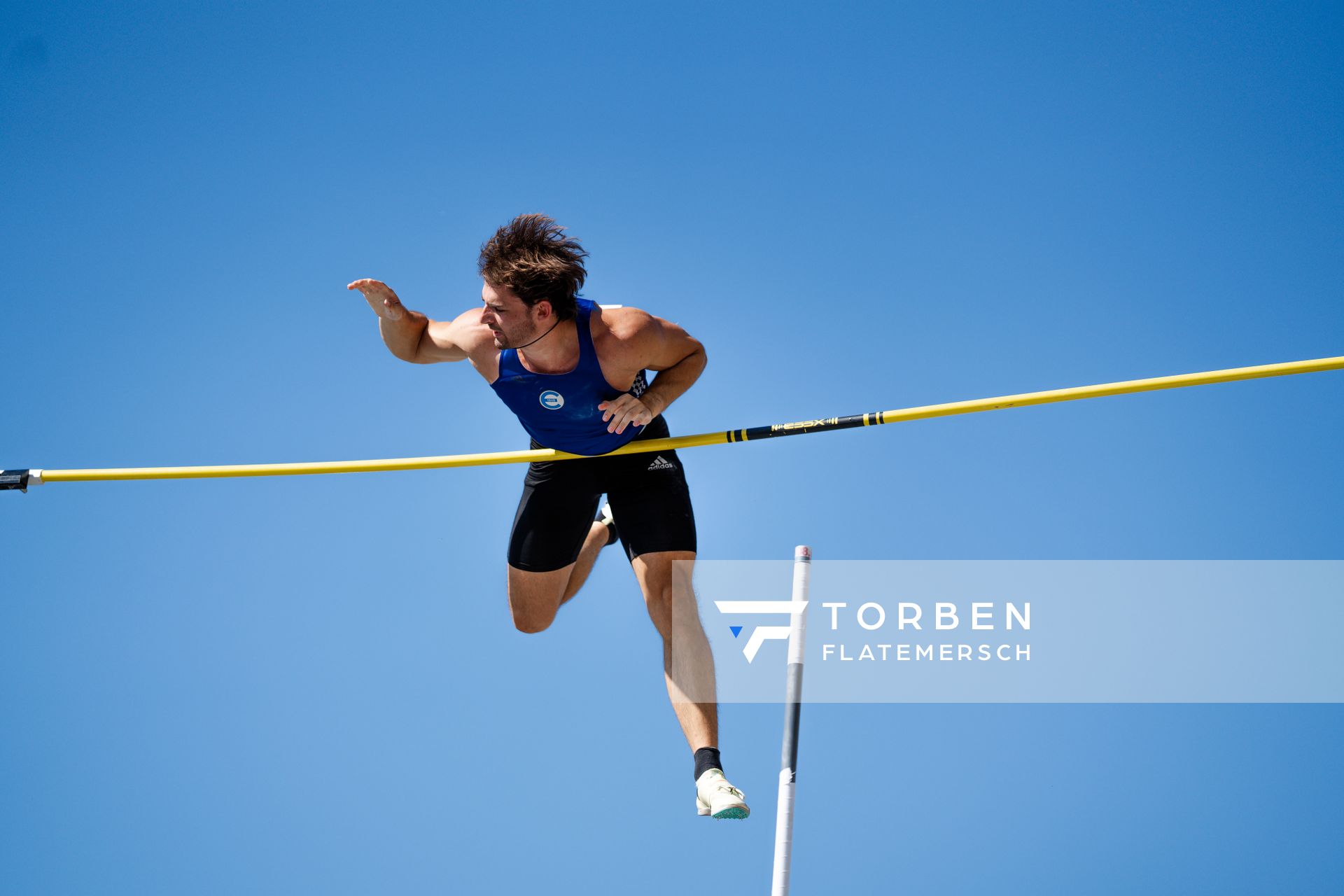 Jan Volkmar (Eschweger TSV) beim Stabhochsprung der Deutschen Leichtathletik-Meisterschaften im Rahmen der Finals 2023 Rhein-Ruhr am 07.07.2023 am Rheinufer in Duesseldorf