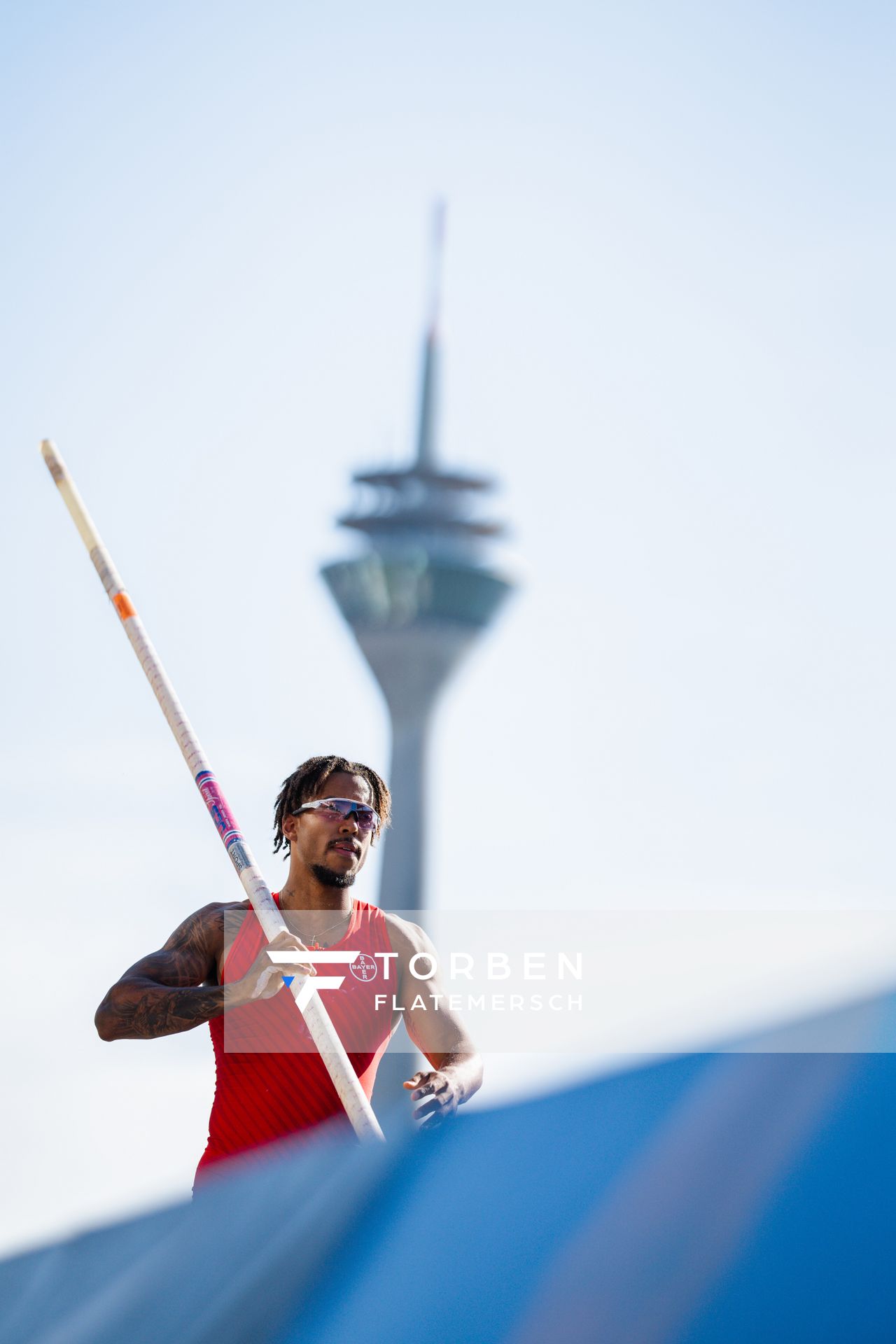 Bo Kanda Lita Baehre (TSV Bayer 04 Leverkusen) beim Stabhochsprung der Deutschen Leichtathletik-Meisterschaften im Rahmen der Finals 2023 Rhein-Ruhr am 07.07.2023 am Rheinufer in Duesseldorf