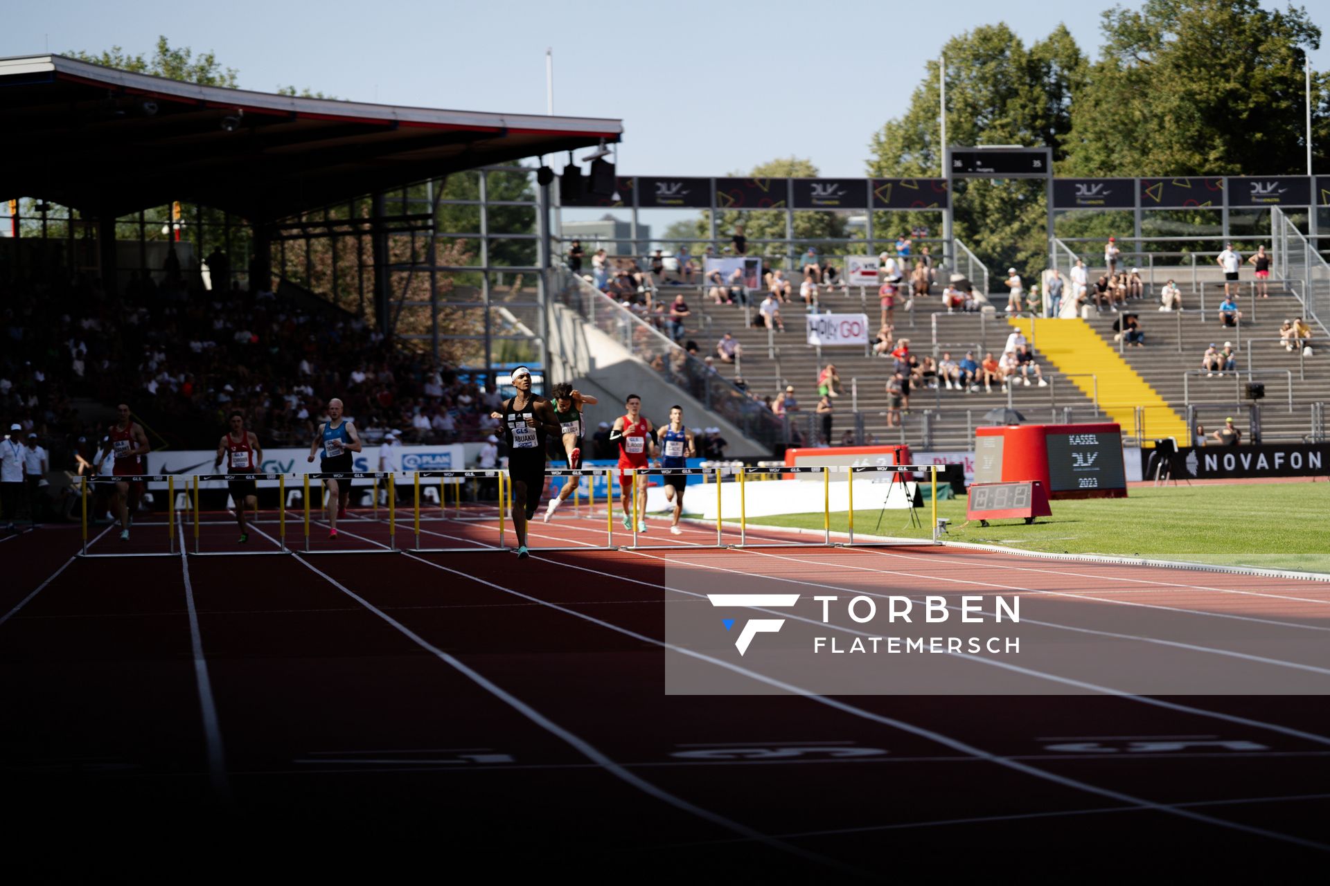 Joshua Abuaku (Eintracht Frankfurt e.V.) während der 113. Deutschen Leichtathletik-Meisterschaften am 08.07.2023 im Auestadion in Kassel