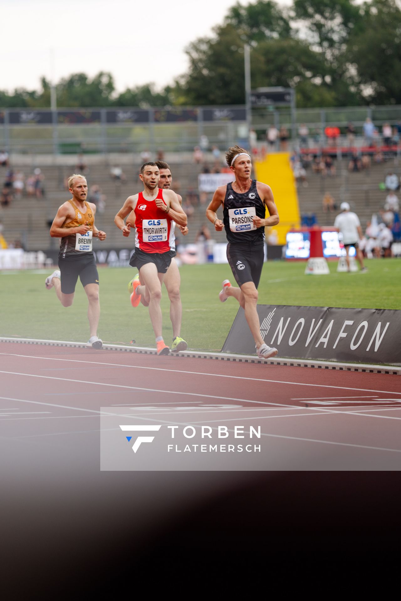 Aaron Davor Bienenfeld (SSC Hanau-Rodenbach), Maximilian Thorwirth (SFD 75 Duesseldorf-Sued), Sam Persons (SCC Berlin), Florian Bremm (LSC Hoechstadt/Aisch) während der 113. Deutschen Leichtathletik-Meisterschaften am 09.07.2023 im Auestadion in Kassel