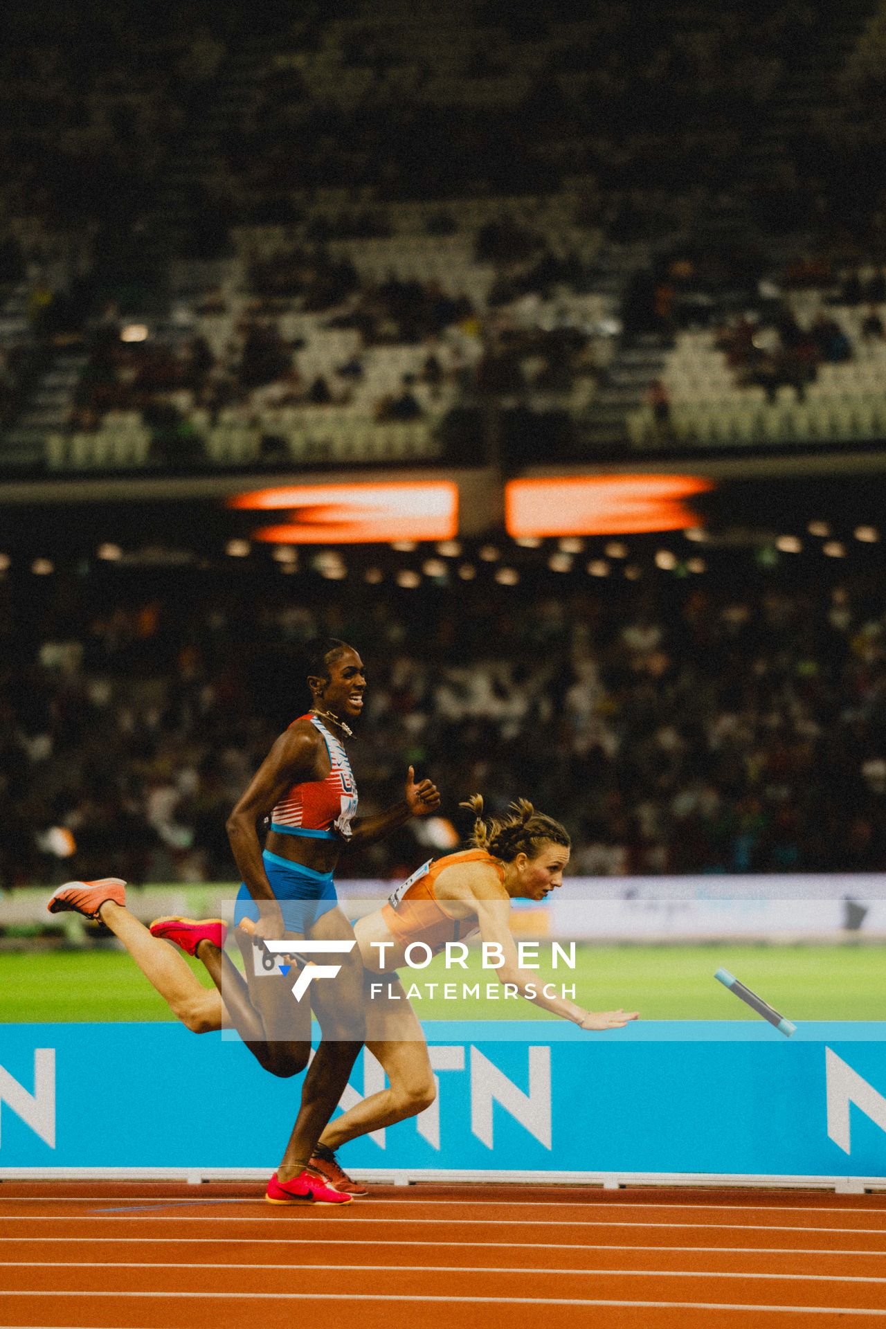 Femke Bol (NED/Netherlands), Alexis Holmes (USA/United States) during the 4x400 Metres Mixed Relay during day 1 of the World Athletics Championships Budapest 23 at the National Athletics Centre in Budapest, Hungary on August 19, 2023.