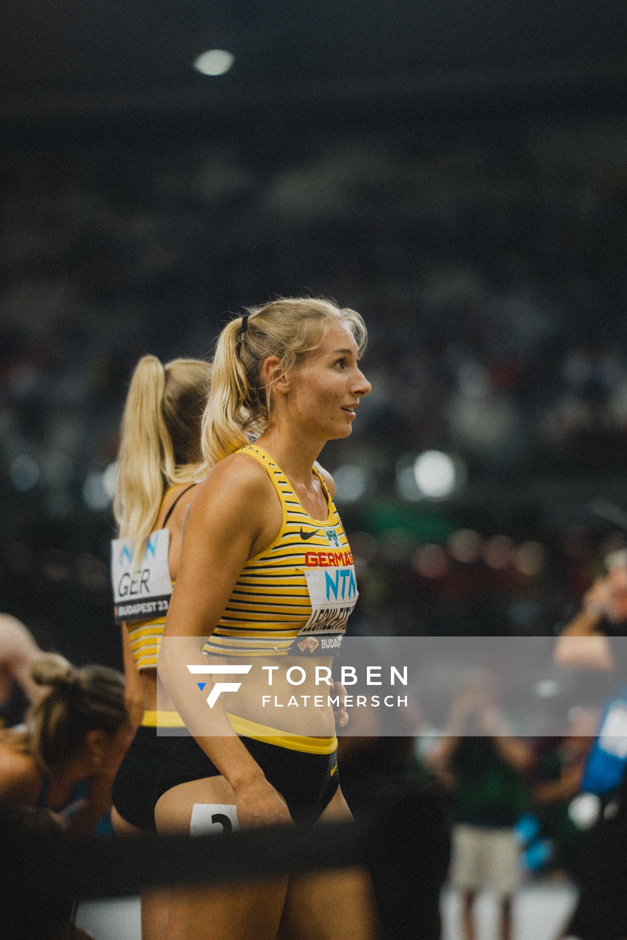 Elisa Lechleitner (GER/Germany) during the 4x400 Metres Relay on Day 1 of the World Athletics Championships Budapest 23 at the National Athletics Centre in Budapest, Hungary on August 19, 2023.