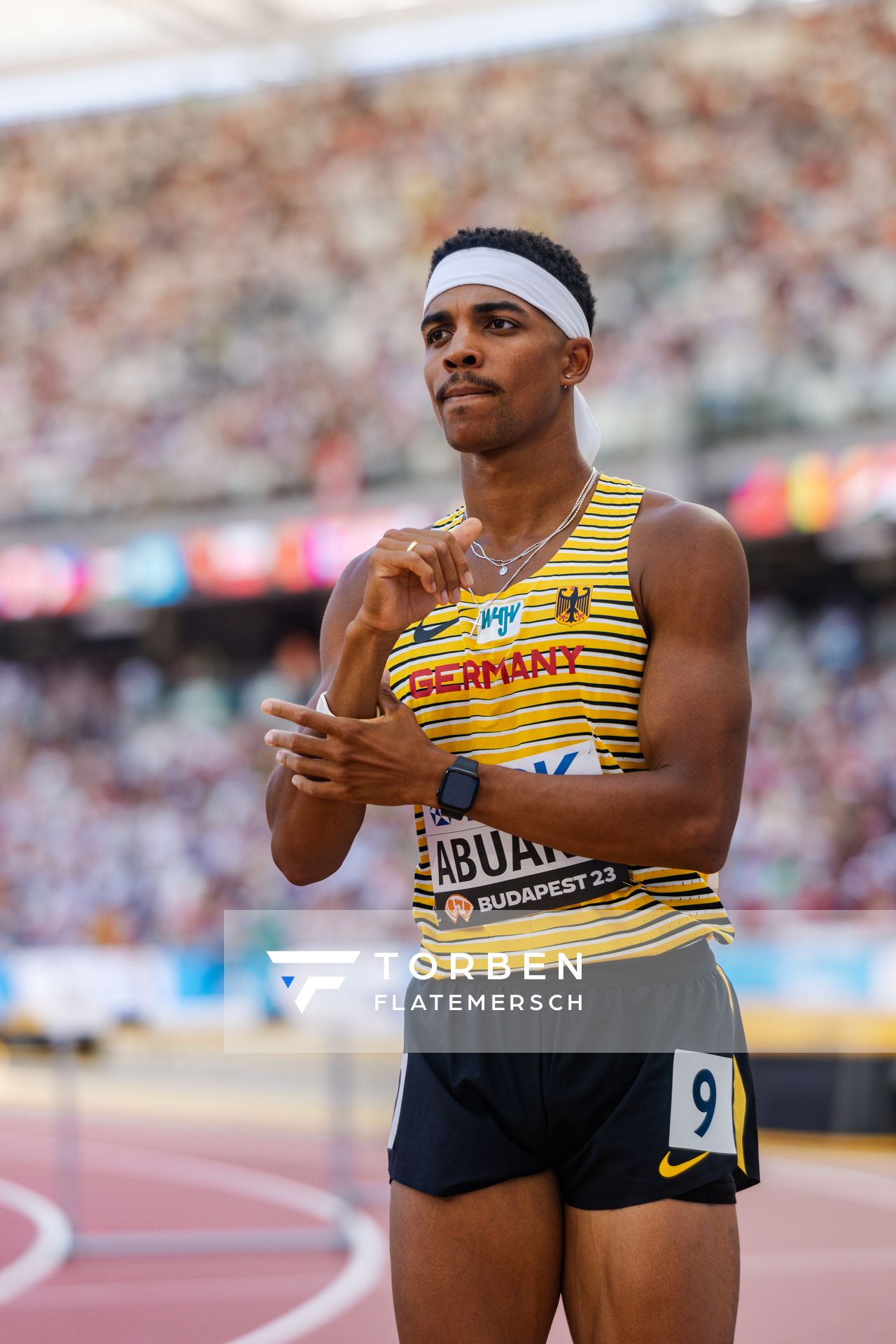 Joshua Abuaku (GER/Germany) during the 400 Metres Hurdles during day 2 of the World Athletics Championships Budapest 23 at the National Athletics Centre in Budapest, Hungary on August 20, 2023.