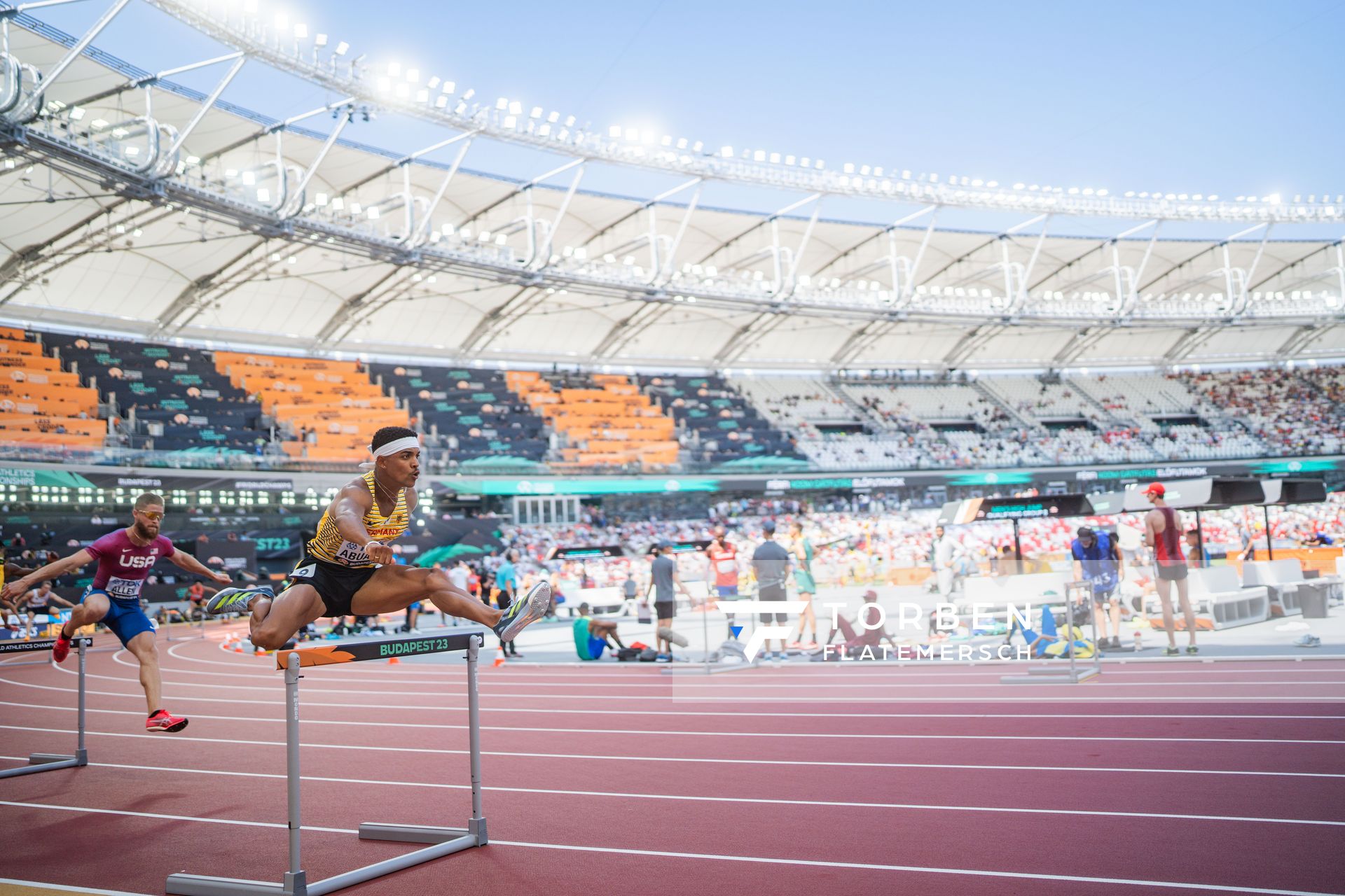 Joshua Abuaku (GER/Germany) during the 400 Metres Hurdles during day 2 of the World Athletics Championships Budapest 23 at the National Athletics Centre in Budapest, Hungary on August 20, 2023.