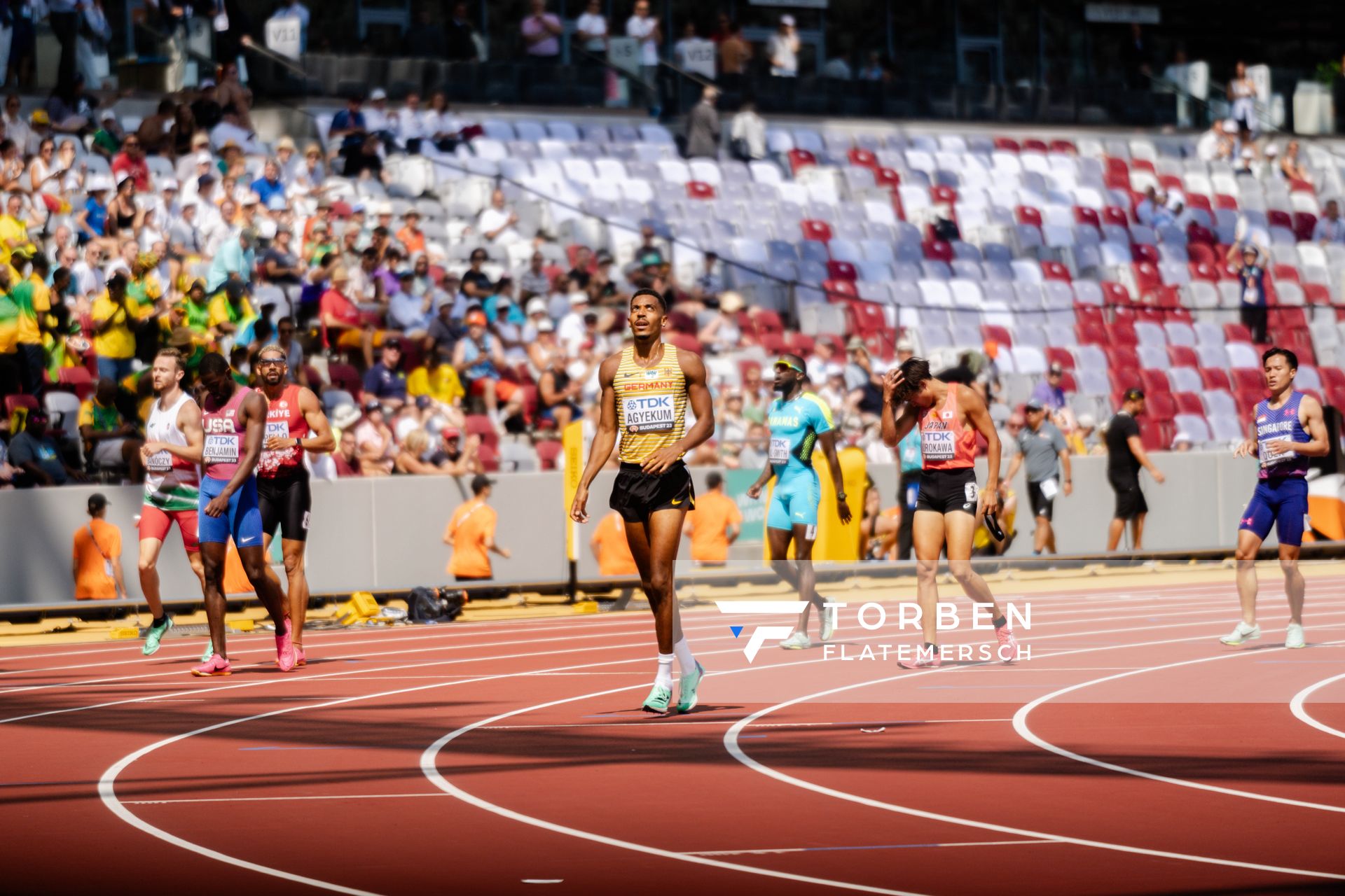 Emil Agyekum (GER/Germany) during the 400 Metres Hurdles on day 2 of the World Athletics Championships Budapest 23 at the National Athletics Centre in Budapest, Hungary on August 20, 2023.