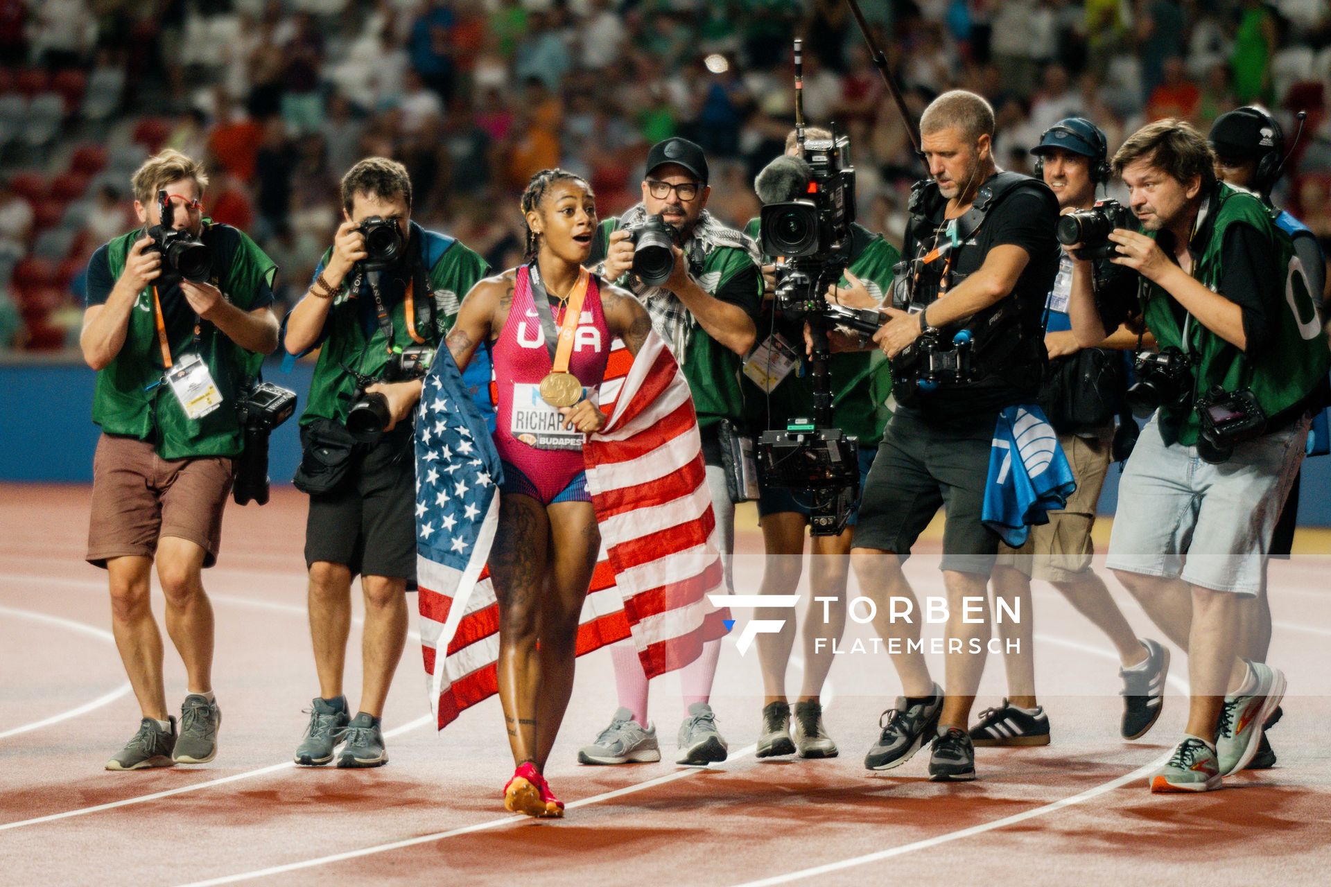 Sha'Carri Richardson (USA/United States) during the 10,000 Metres on Day 3 of the World Athletics Championships Budapest 23 at the National Athletics Centre in Budapest, Hungary on August 21, 2023.