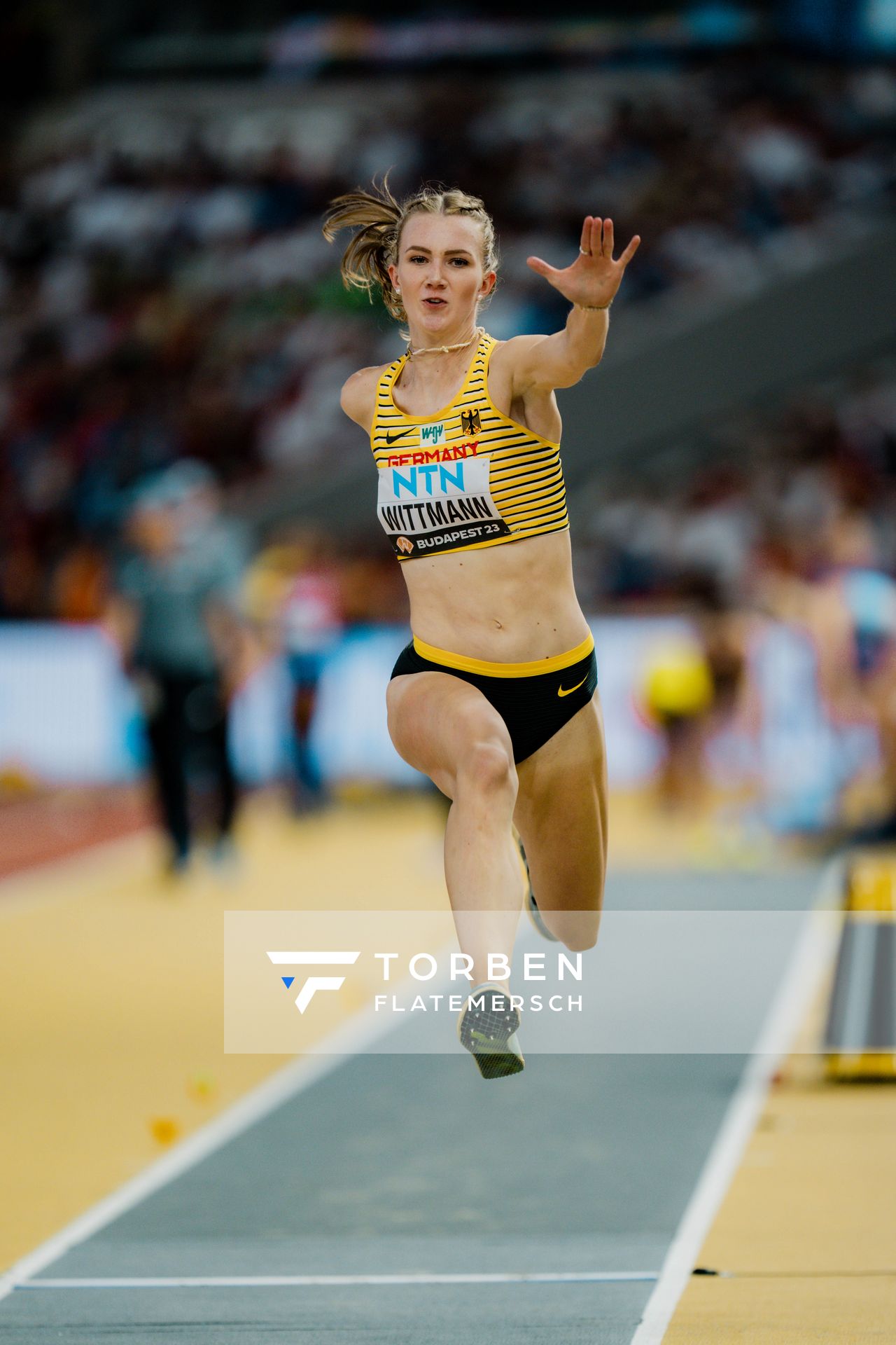 Kira Wittmann (GER/Germany) during the Triple Jump on Day 5 of the World Athletics Championships Budapest 23 at the National Athletics Centre in Budapest, Hungary on August 23, 2023.