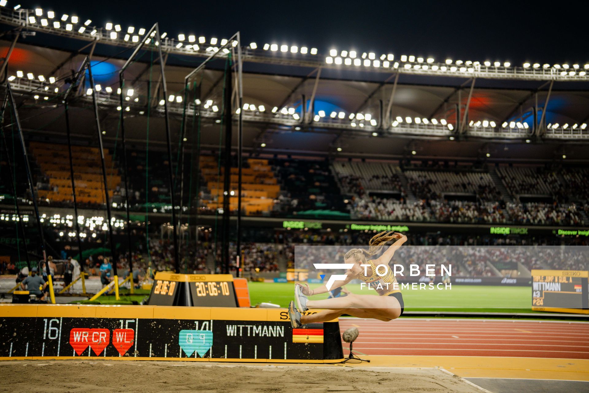 Kira Wittmann (GER/Germany) during the Triple Jump on Day 5 of the World Athletics Championships Budapest 23 at the National Athletics Centre in Budapest, Hungary on August 23, 2023.