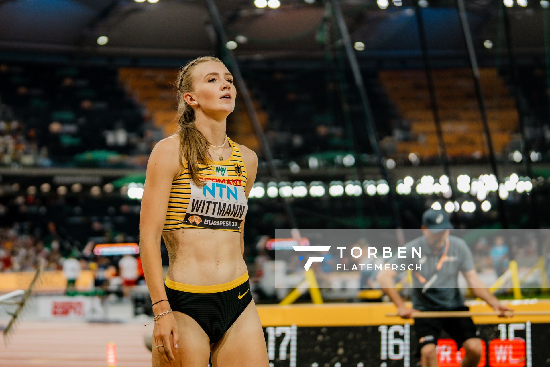 Kira Wittmann (GER/Germany) during the Triple Jump on Day 5 of the World Athletics Championships Budapest 23 at the National Athletics Centre in Budapest, Hungary on August 23, 2023.