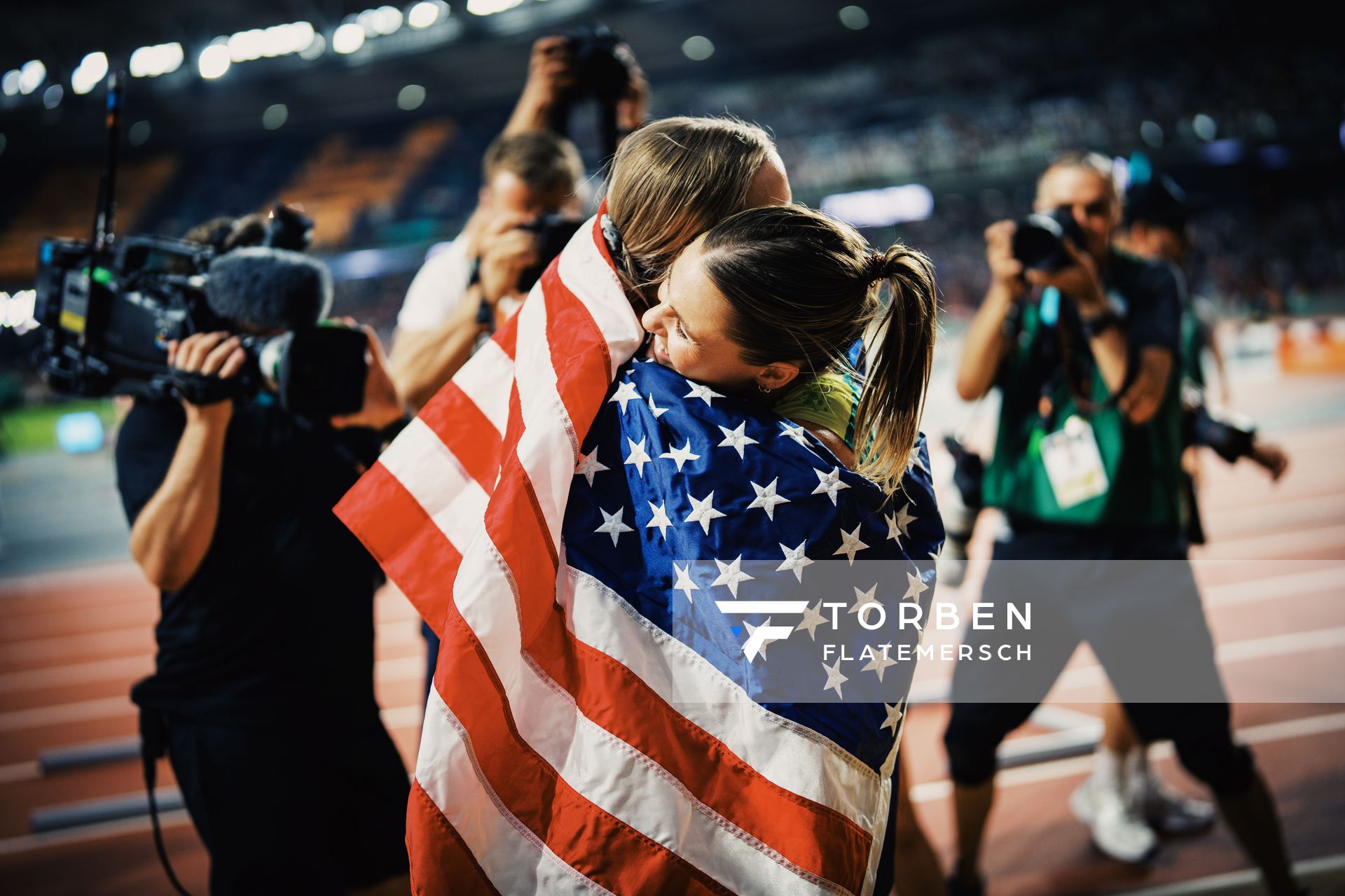 Katie Moon (USA/United States) and Nina Kennedy (AUS/Australia) on Day 5 of the World Athletics Championships Budapest 23 at the National Athletics Centre in Budapest, Hungary on August 23, 2023.