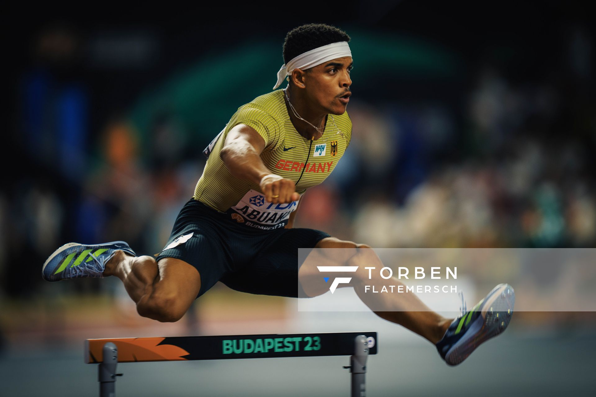 Joshua Abuaku (GER/Germany) during the 400 Metres Hurdles Final on Day 5 of the World Athletics Championships Budapest 23 at the National Athletics Centre in Budapest, Hungary on August 23, 2023.
