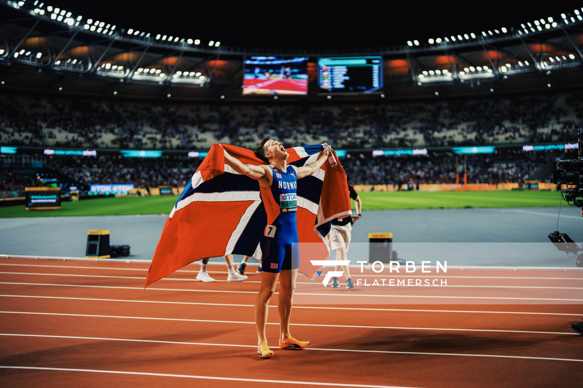 Karsten Warholm (NOR/Norway) during the 400 Metres Hurdles Final on Day 5 of the World Athletics Championships Budapest 23 at the National Athletics Centre in Budapest, Hungary on August 23, 2023.