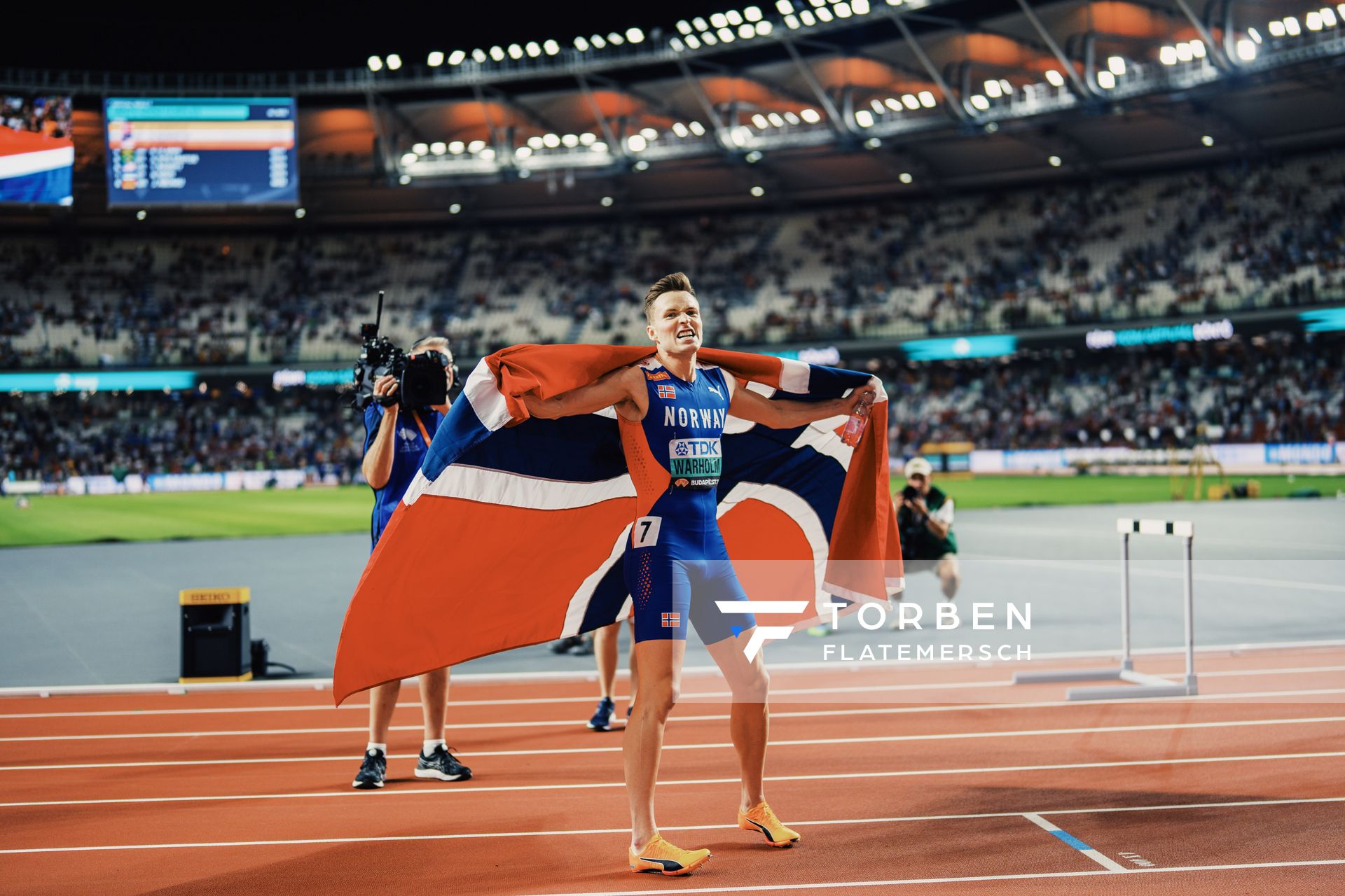 Karsten Warholm (NOR/Norway) during the 400 Metres Hurdles Final on Day 5 of the World Athletics Championships Budapest 23 at the National Athletics Centre in Budapest, Hungary on August 23, 2023.