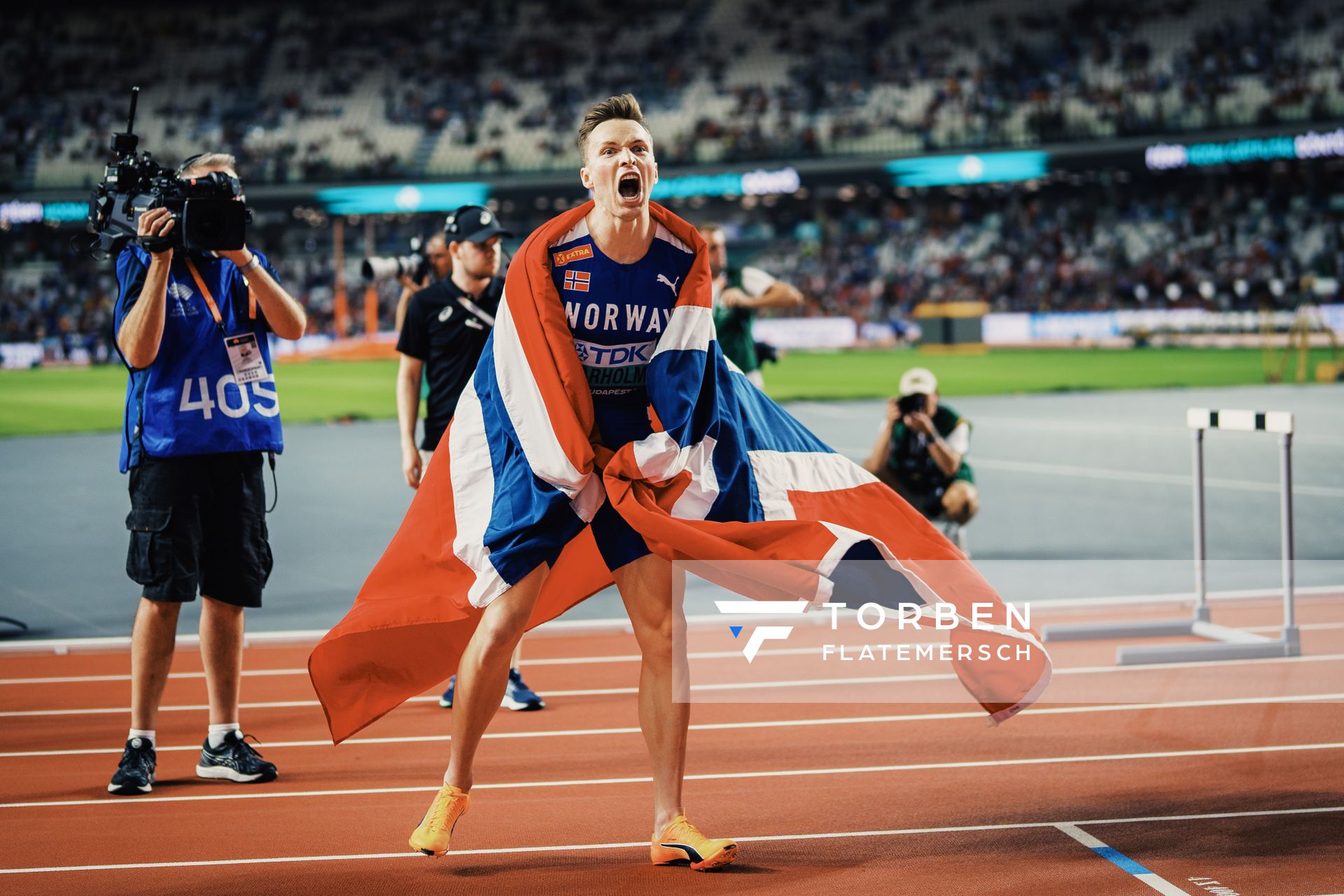 Karsten Warholm (NOR/Norway) during the 400 Metres Hurdles Final on Day 5 of the World Athletics Championships Budapest 23 at the National Athletics Centre in Budapest, Hungary on August 23, 2023.