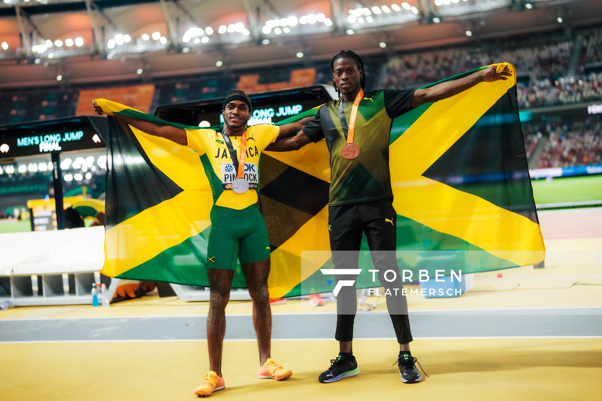 Wayne Pinnock (JAM/Jamaica), Tajay Gayle (JAM/Jamaica) on Day 6 of the World Athletics Championships Budapest 23 at the National Athletics Centre in Budapest, Hungary on August 24, 2023.