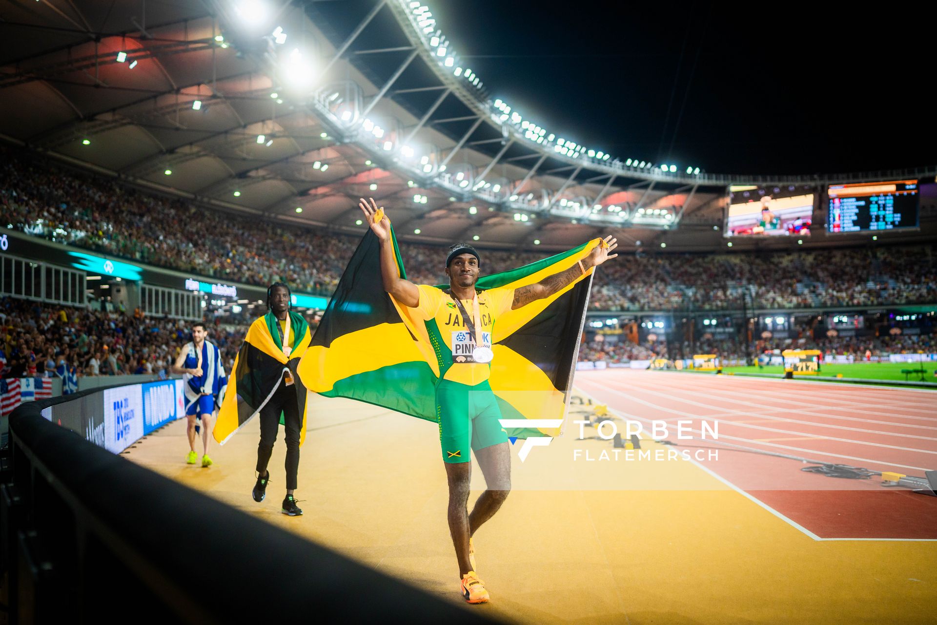 Wayne Pinnock (JAM/Jamaica), Tajay Gayle (JAM/Jamaica) on Day 6 of the World Athletics Championships Budapest 23 at the National Athletics Centre in Budapest, Hungary on August 24, 2023.