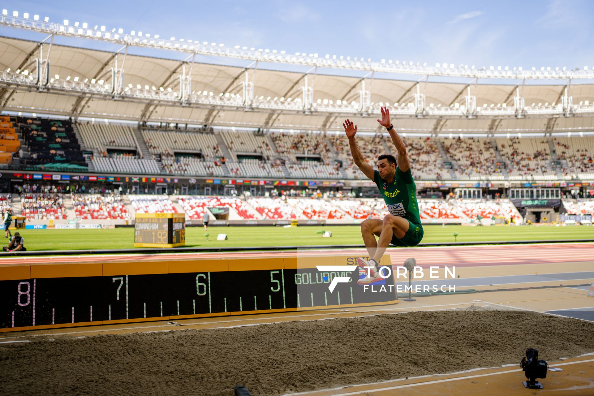Daniel Golubovic (AUS/Australia) during the Decathlon Long Jump on Day 6 of the World Athletics Championships Budapest 23 at the National Athletics Centre in Budapest, Hungary on August 24, 2023.