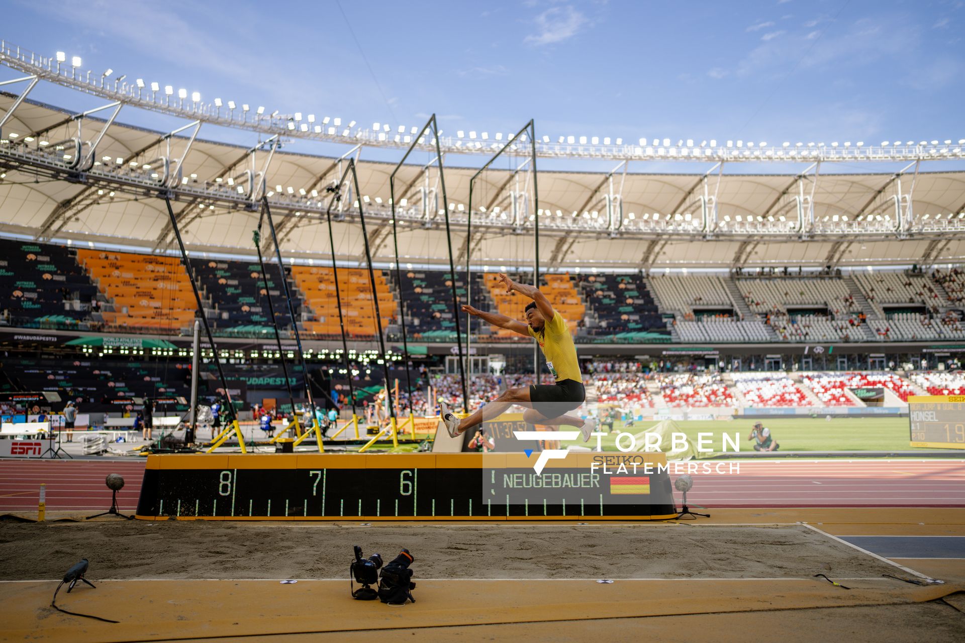 Leo Neugebauer (GER/Germany) during the Decathlon Long Jump on Day 6 of the World Athletics Championships Budapest 23 at the National Athletics Centre in Budapest, Hungary on August 24, 2023.