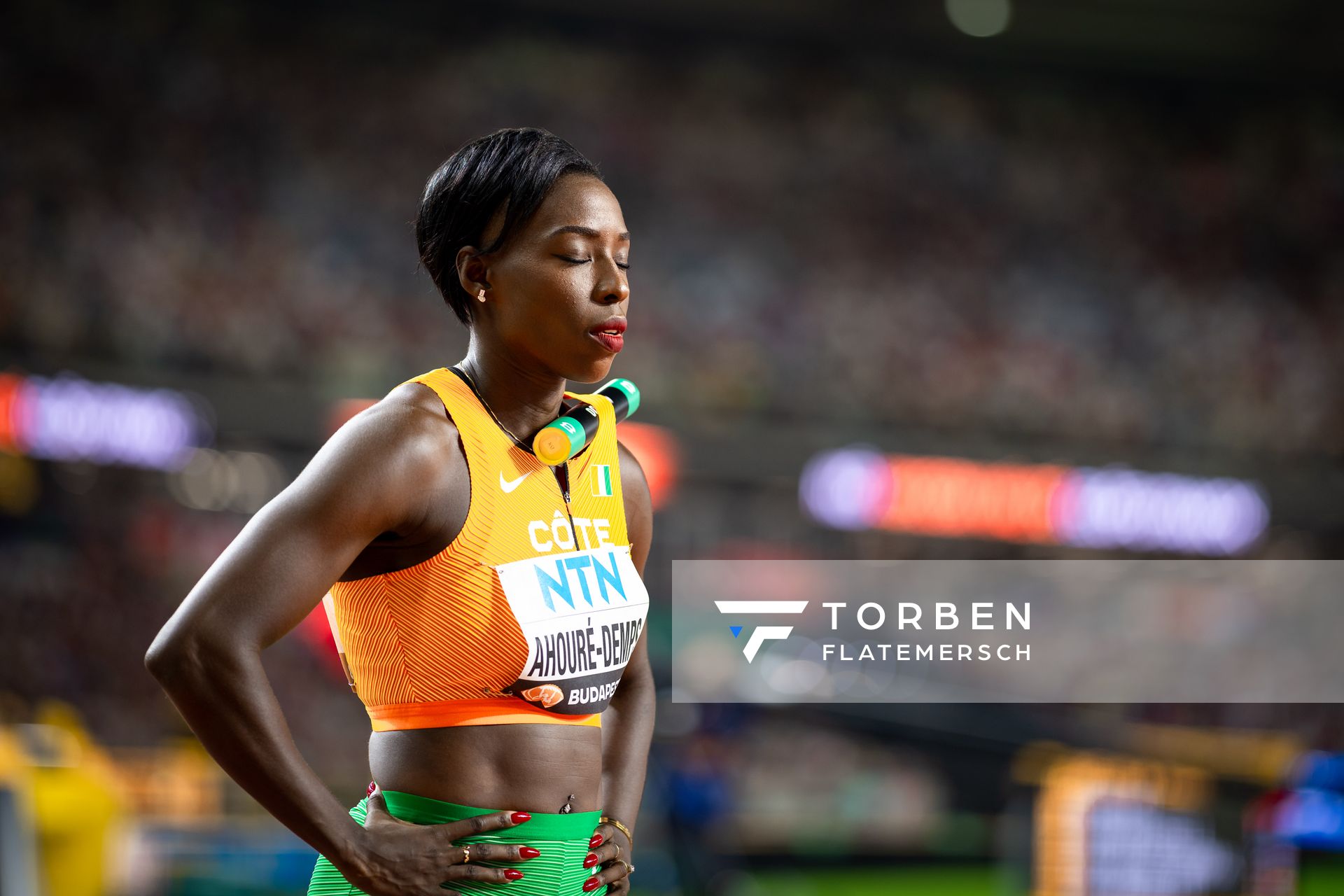 Murielle Ahouré (CIV/Cote D'ivoire) on Day 7 of the World Athletics Championships Budapest 23 at the National Athletics Centre in Budapest, Hungary on August 25, 2023.