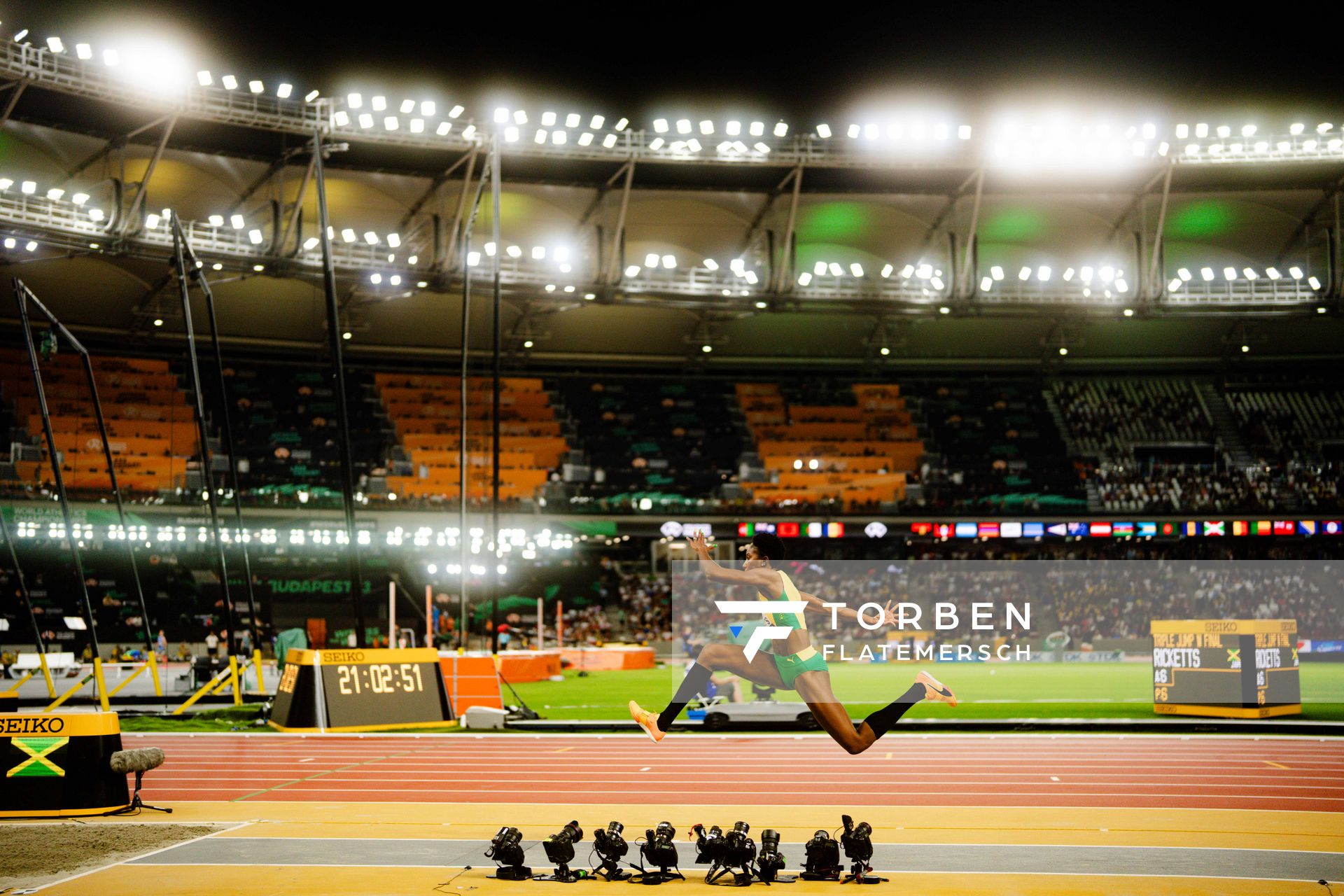 Shanieka Ricketts (JAM/Jamaica) during the Triple Jump Final on Day 7 of the World Athletics Championships Budapest 23 at the National Athletics Centre in Budapest, Hungary on August 25, 2023.