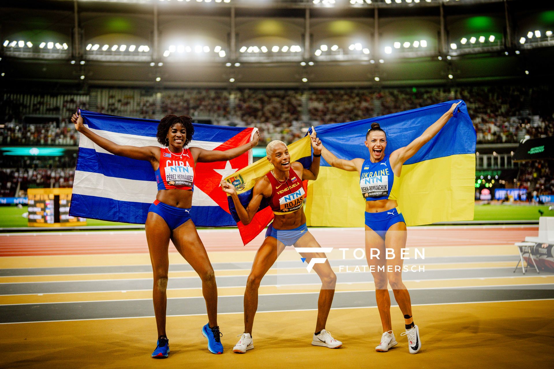 Leyanis Pérez hernández (CUB/Cuba), Yulimar Rojas (VEN/Venezuela), Maryna Bekh-romanchuk (UKR/Ukraine) during the Long Jump Final on Day 7 of the World Athletics Championships Budapest 23 at the National Athletics Centre in Budapest, Hungary on August 25, 2023.