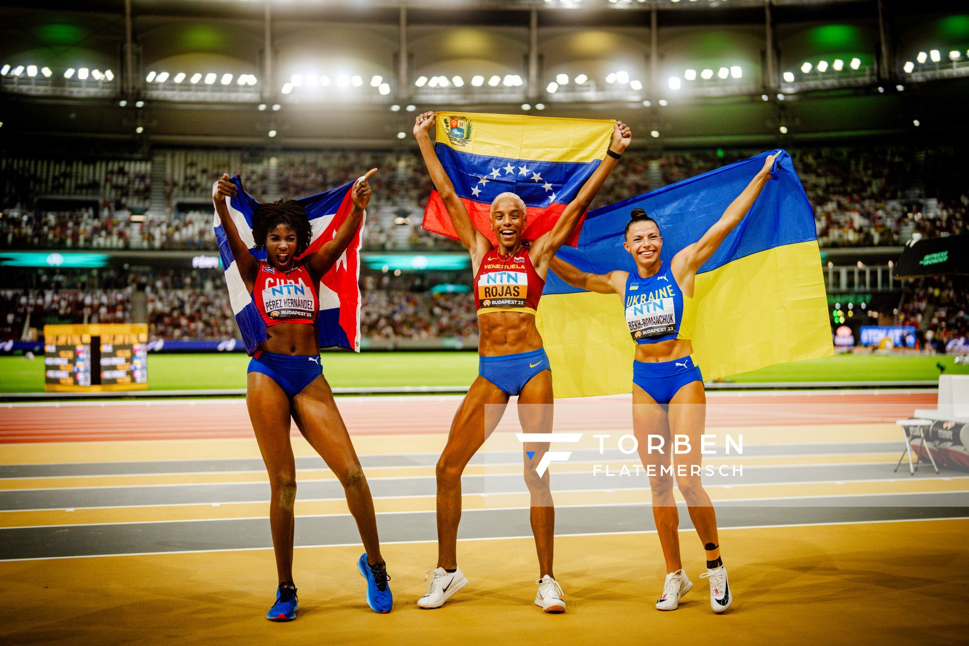 Leyanis Pérez hernández (CUB/Cuba), Yulimar Rojas (VEN/Venezuela), Maryna Bekh-romanchuk (UKR/Ukraine) during the Long Jump Final on Day 7 of the World Athletics Championships Budapest 23 at the National Athletics Centre in Budapest, Hungary on August 25, 2023.