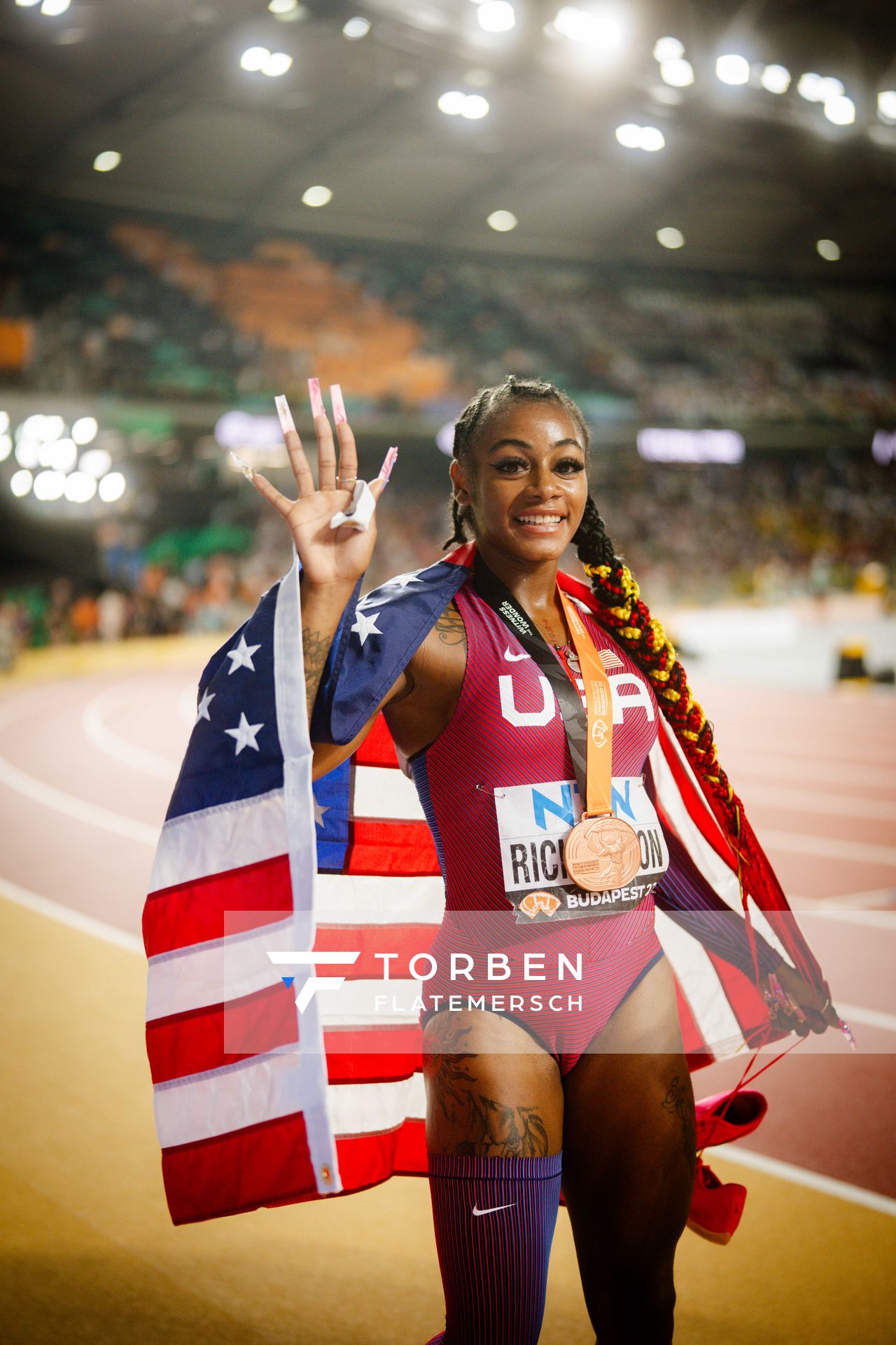 Sha'Carri Richardson (USA/United States) on Day 7 of the World Athletics Championships Budapest 23 at the National Athletics Centre in Budapest, Hungary on August 25, 2023.