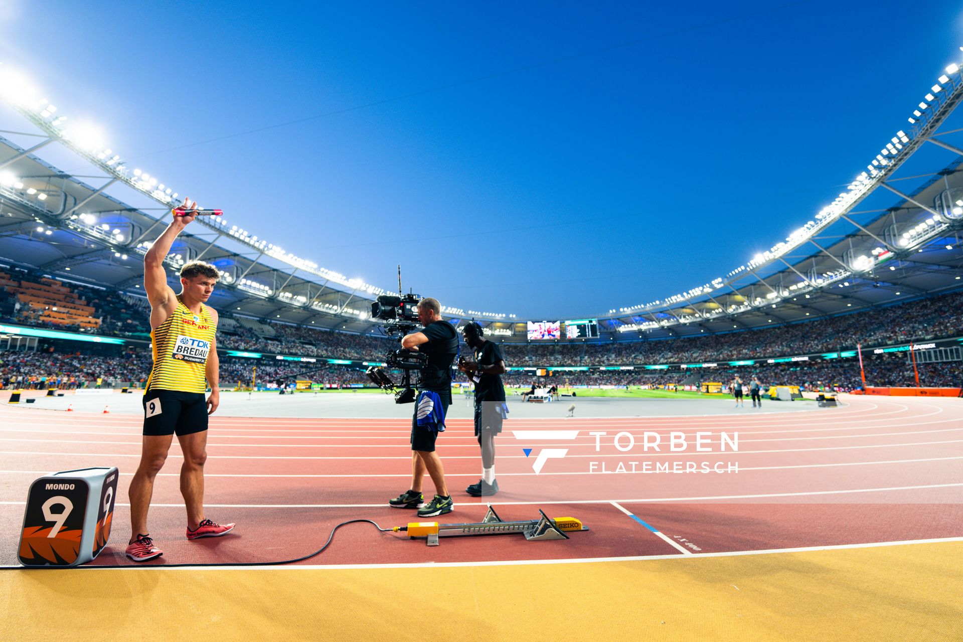 Jean Paul Bredau (GER/Germany) during the 4x400 Metres Relay on Day 8 of the World Athletics Championships Budapest 23 at the National Athletics Centre in Budapest, Hungary on August 26, 2023.