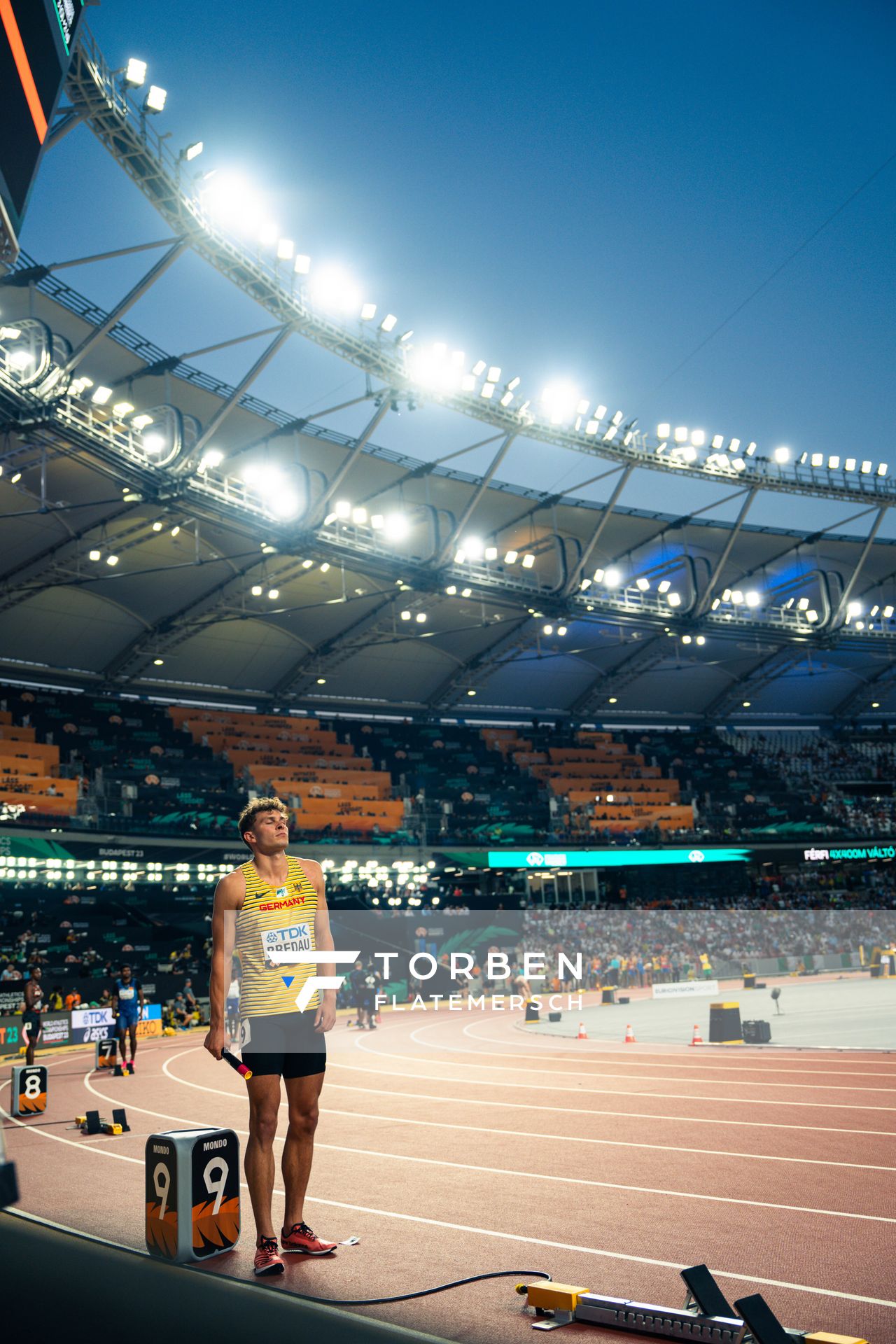 Jean Paul Bredau (GER/Germany) during the 4x400 Metres Relay on Day 8 of the World Athletics Championships Budapest 23 at the National Athletics Centre in Budapest, Hungary on August 26, 2023.