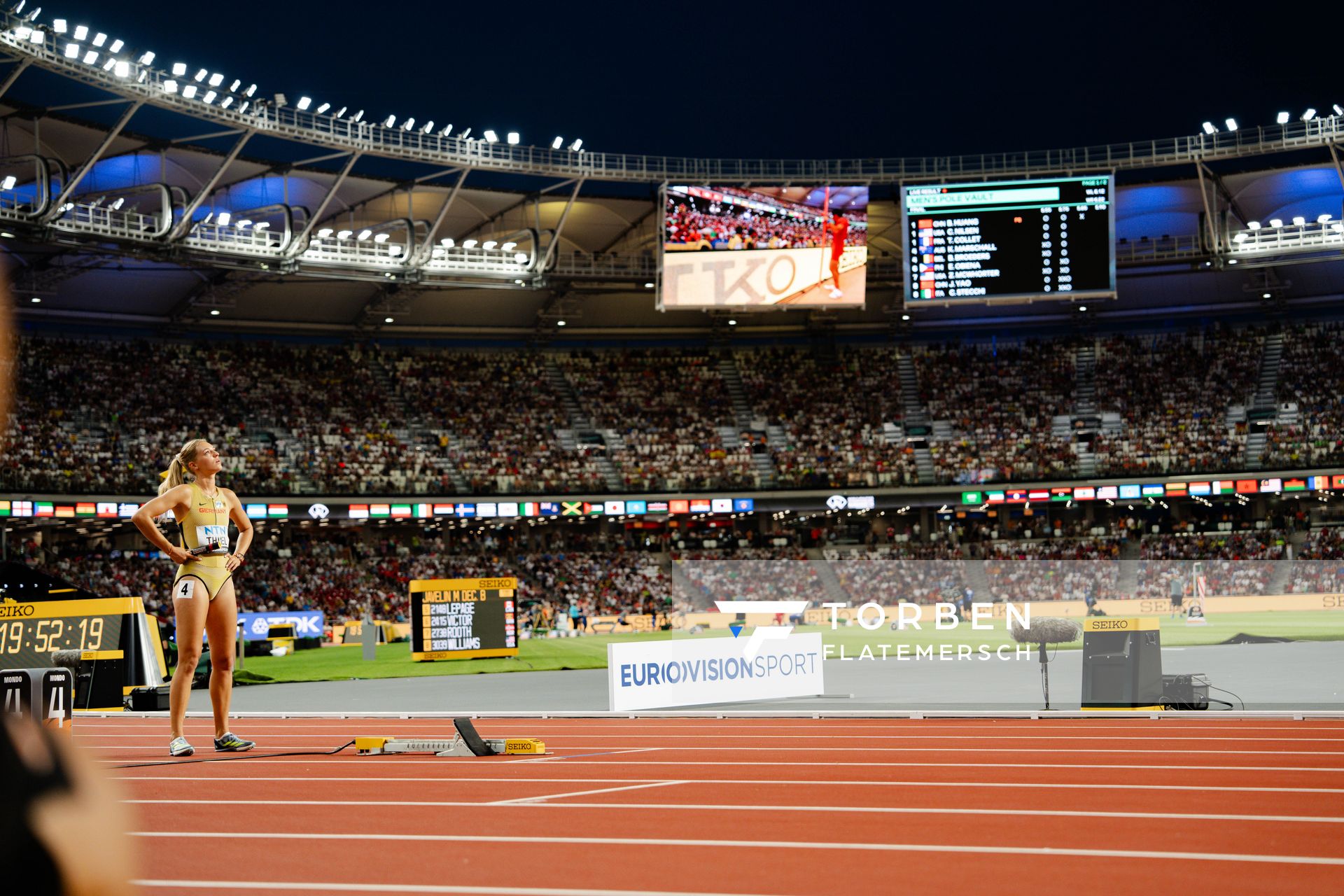 Luna Thiel (GER/Germany) during the 4x400 Metres Relay on Day 8 of the World Athletics Championships Budapest 23 at the National Athletics Centre in Budapest, Hungary on August 26, 2023.