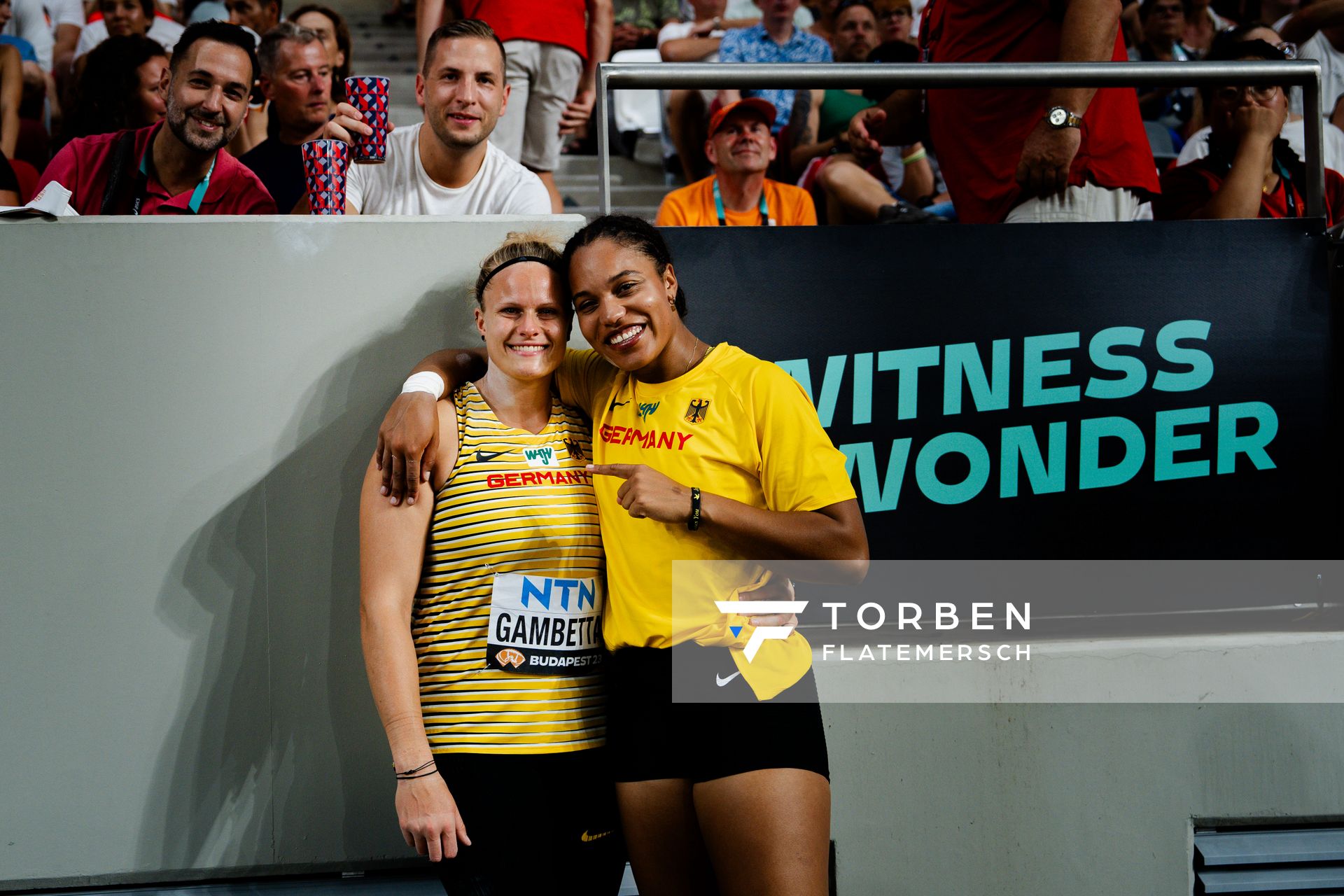 Sara Gambetta (GER/Germany), Yemisi Ogunleye (GER/Germany) during the Shot Put on Day 8 of the World Athletics Championships Budapest 23 at the National Athletics Centre in Budapest, Hungary on August 26, 2023.