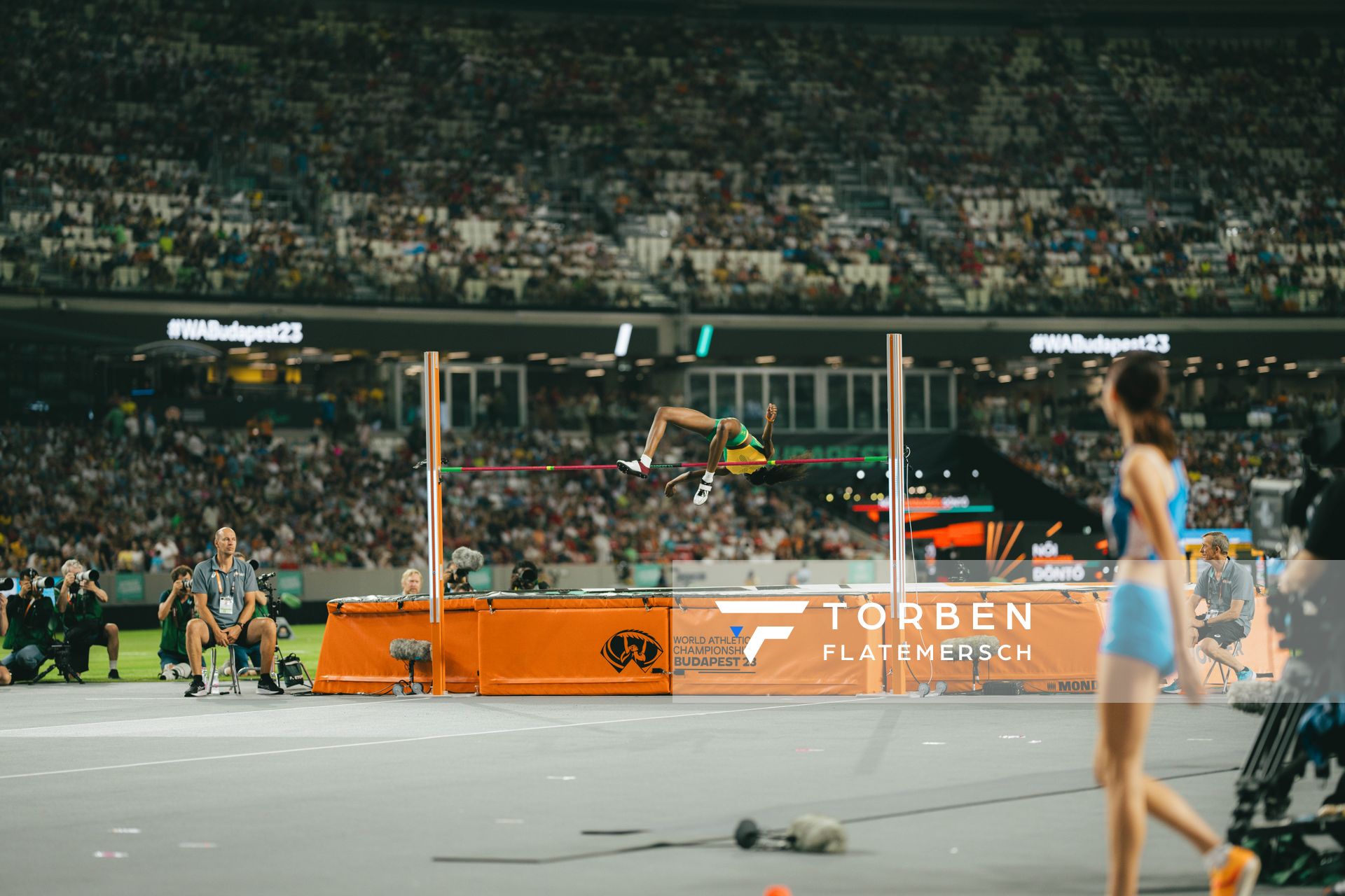 Lamara Distin (JAM/Jamaica) during the High Jump on Day 9 of the World Athletics Championships Budapest 23 at the National Athletics Centre in Budapest, Hungary on August 27, 2023.