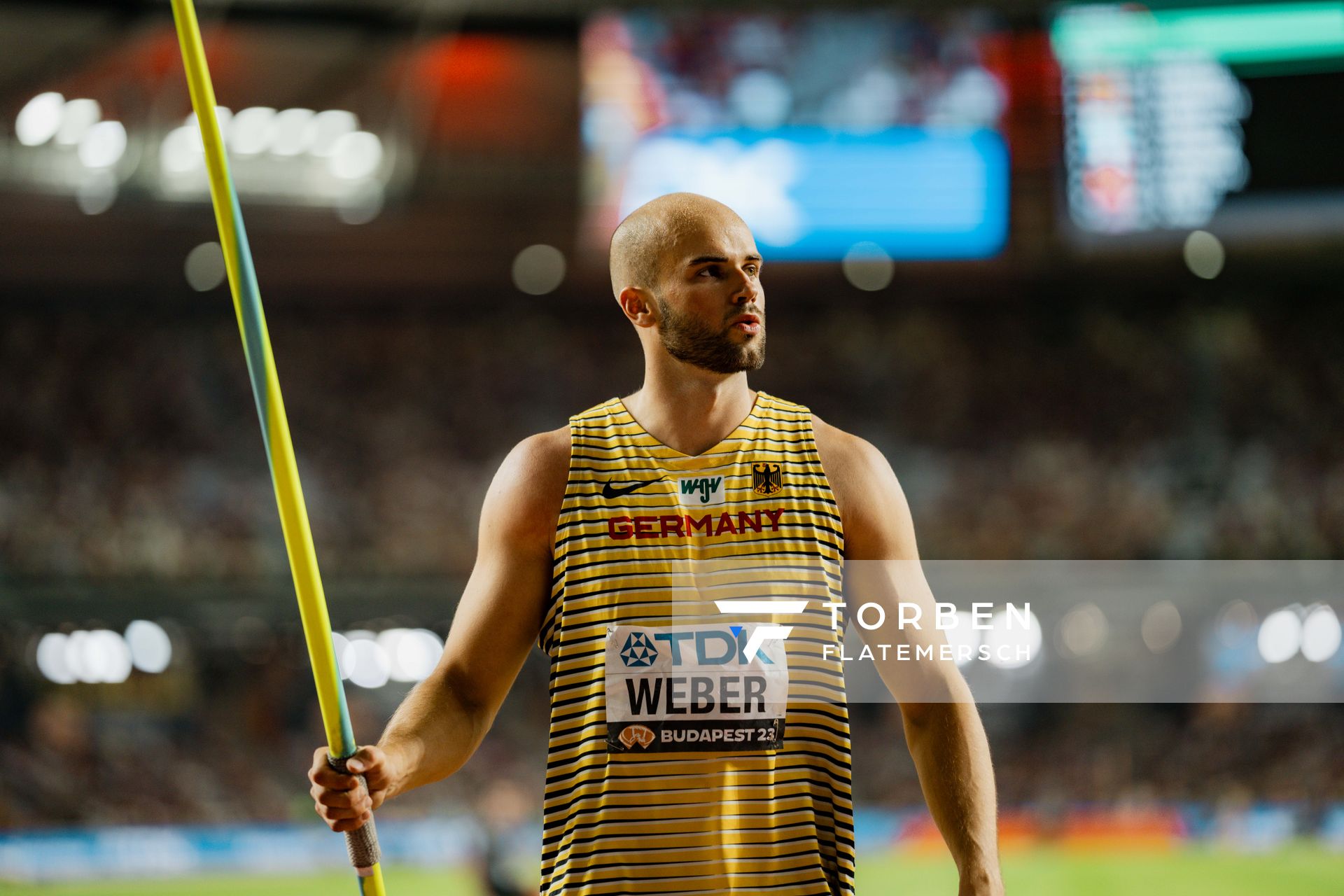 Julian Weber (GER/Germany) during the Javelin Throw on Day 9 of the World Athletics Championships Budapest 23 at the National Athletics Centre in Budapest, Hungary on August 27, 2023.