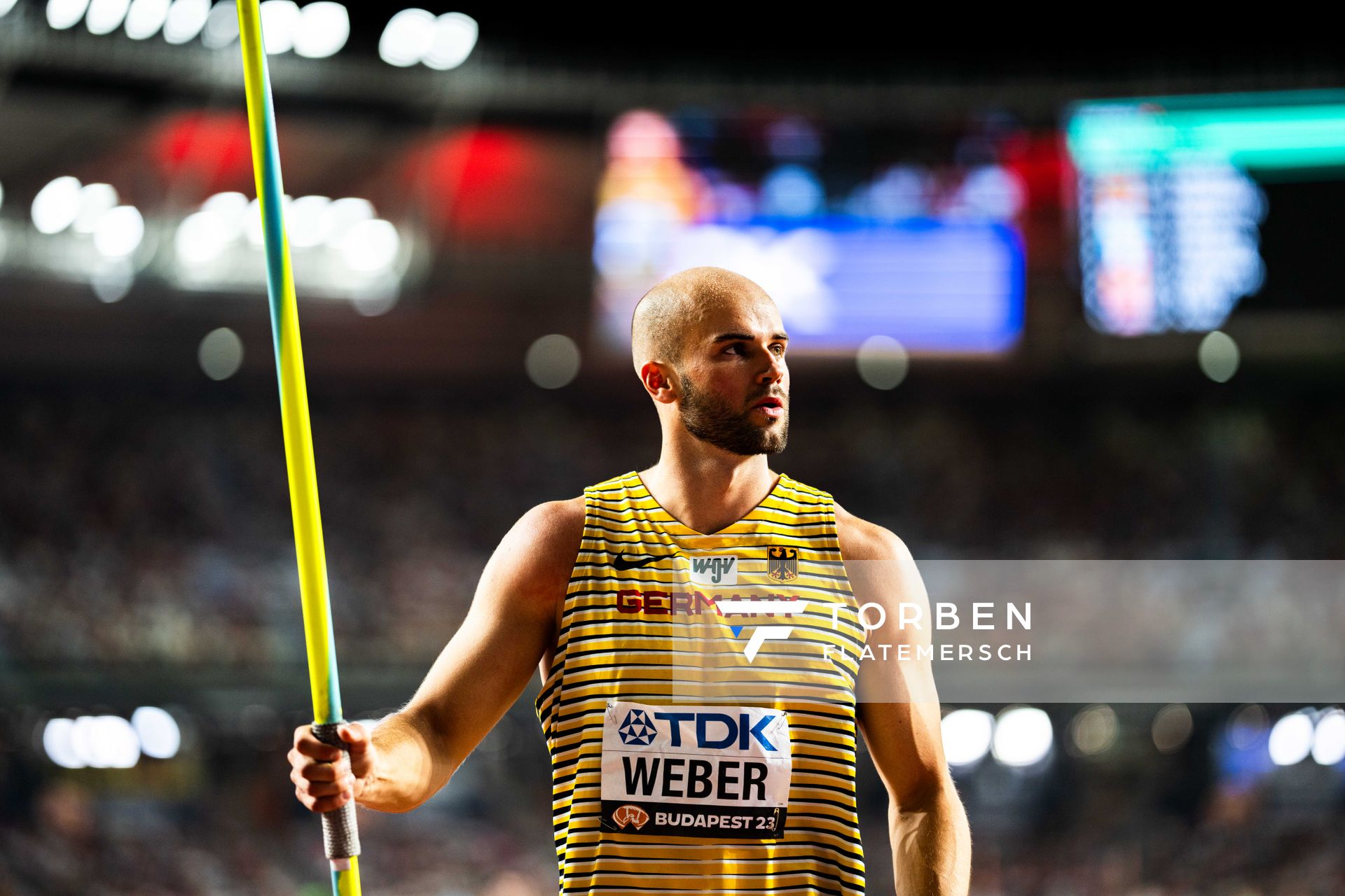 Julian Weber (GER/Germany) during the Javelin Throw Final on Day 9 of the World Athletics Championships Budapest 23 at the National Athletics Centre in Budapest, Hungary on August 27, 2023.