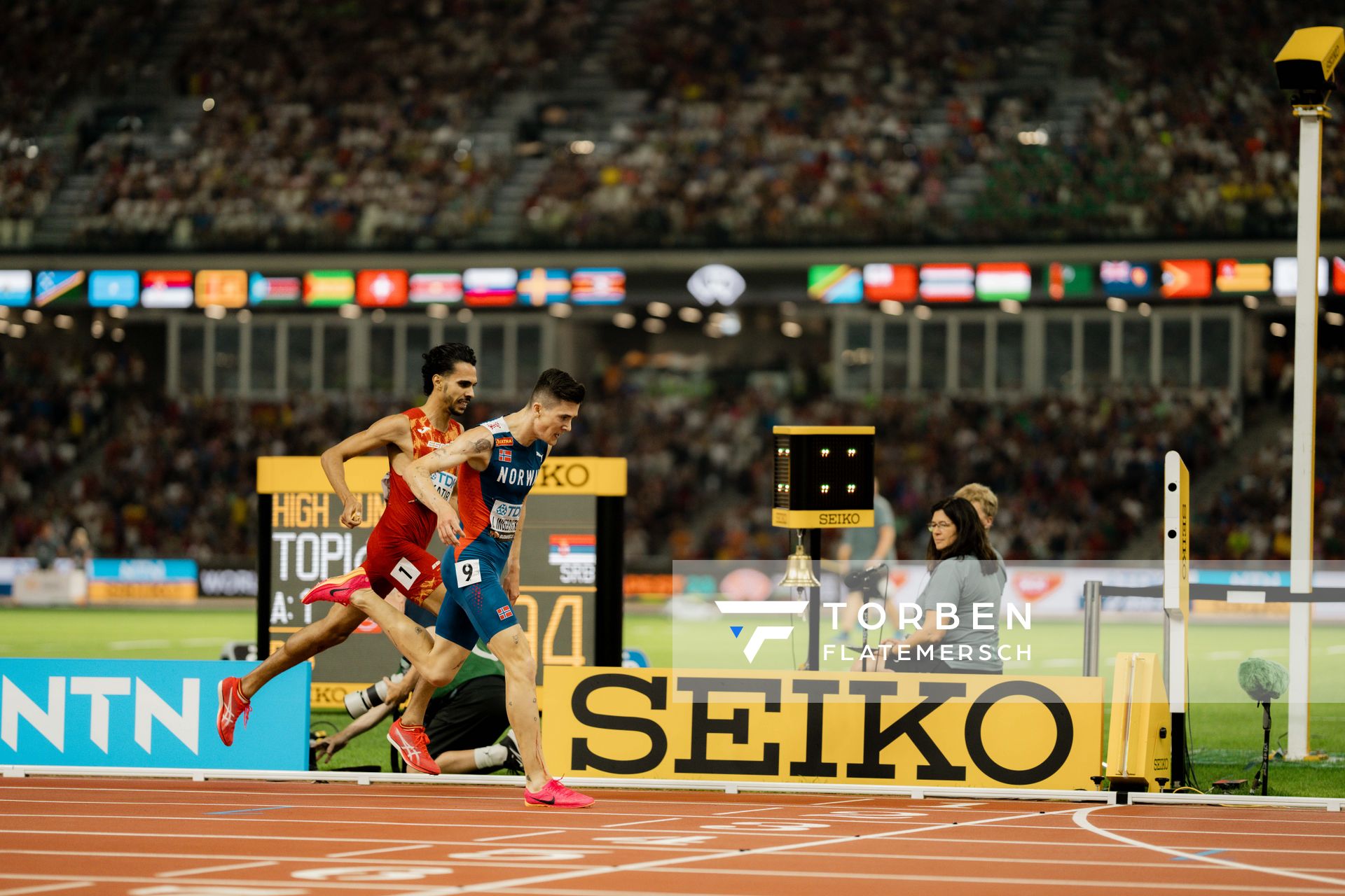 Jakob Ingebrigtsen (NOR/Norway), Mohamed Katir (ESP/Spain) during the 5000 Metres on Day 9 of the World Athletics Championships Budapest 23 at the National Athletics Centre in Budapest, Hungary on August 27, 2023.