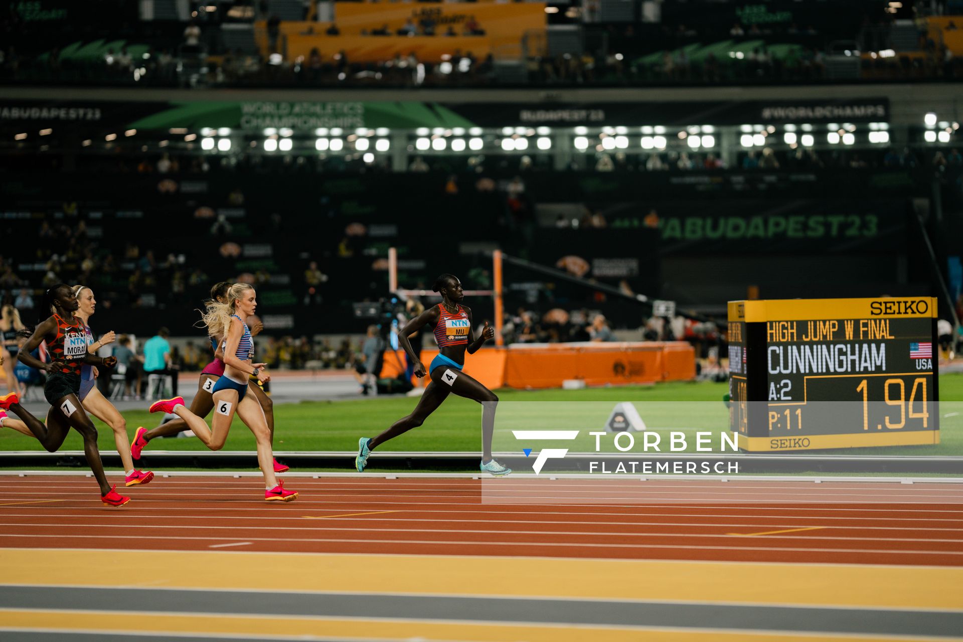 Mary Moraa (KEN/Kenya), Athing Mu (USA/United States), Keely Hodgkinson (GBR/Great Britain & N.I.) during the 800 Metres Final on Day 9 of the World Athletics Championships Budapest 23 at the National Athletics Centre in Budapest, Hungary on August 27, 2023.