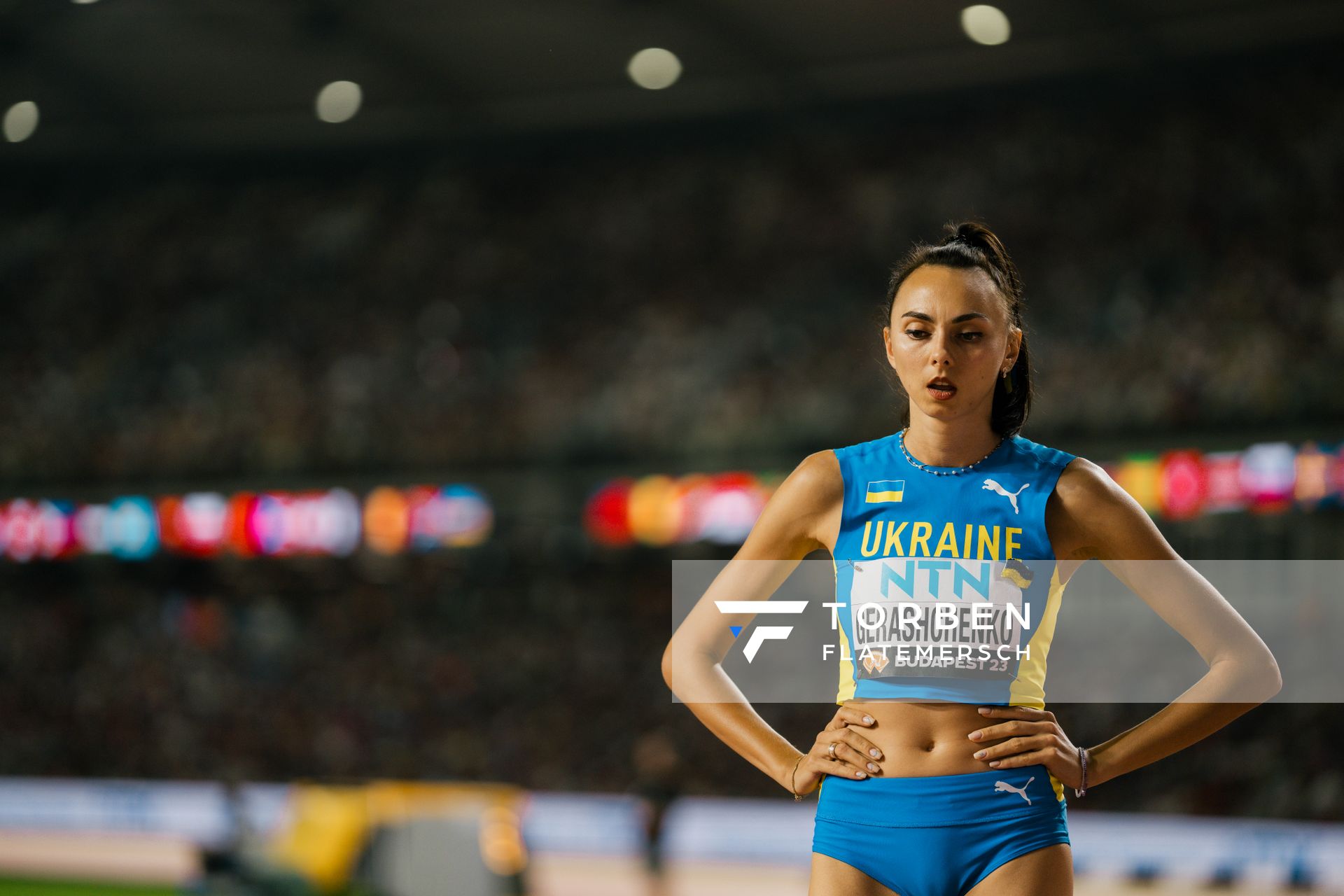 Iryna Gerashchenko (UKR/Ukraine) during the High Jump  Final on Day 9 of the World Athletics Championships Budapest 23 at the National Athletics Centre in Budapest, Hungary on August 27, 2023.