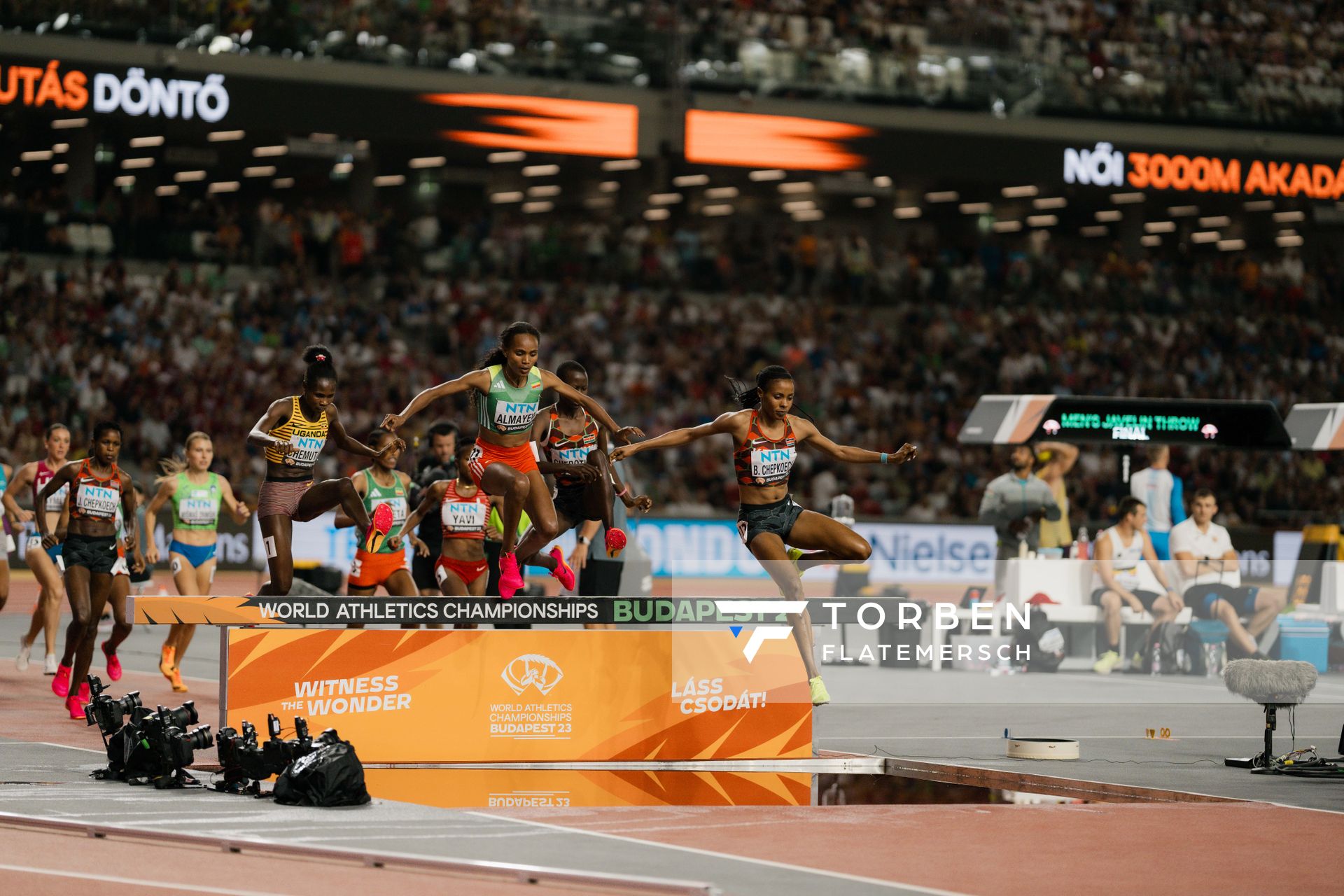 Leonard Chemutai (UGA/Uganda), Sembo Almayew (ETH/Ethiopia), Faith Cherotich (KEN/Kenya), Beatrice Chepkoech (KEN/Kenya) during the 3000 Metres Steeplechase on Day 9 of the World Athletics Championships Budapest 23 at the National Athletics Centre in Budapest, Hungary on August 27, 2023.