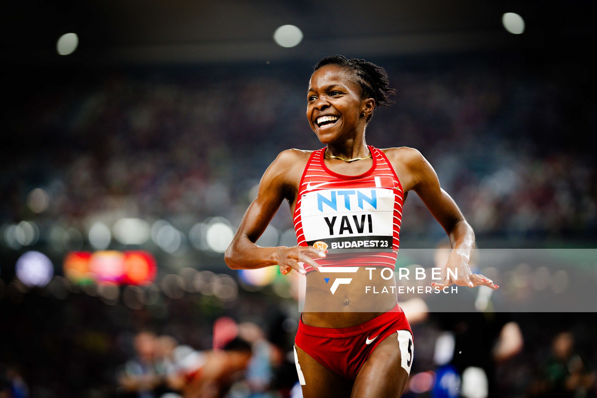 Winfred Mutile Yavi (BRN/Bahrain) during the 3000 Metres Steeplechase Final on Day 9 of the World Athletics Championships Budapest 23 at the National Athletics Centre in Budapest, Hungary on August 27, 2023.